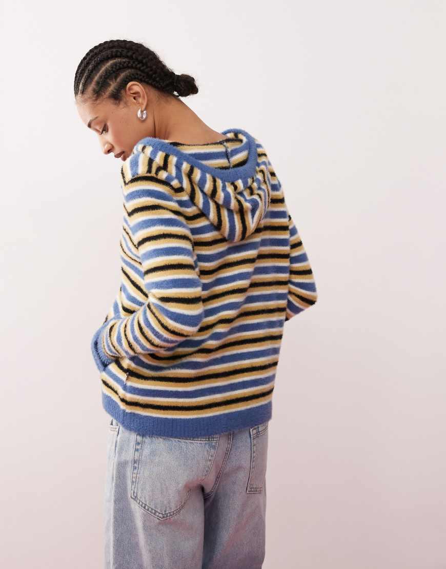 Daisy Street X Paul Frank Striped Fluffy Zip Through Knitted Top