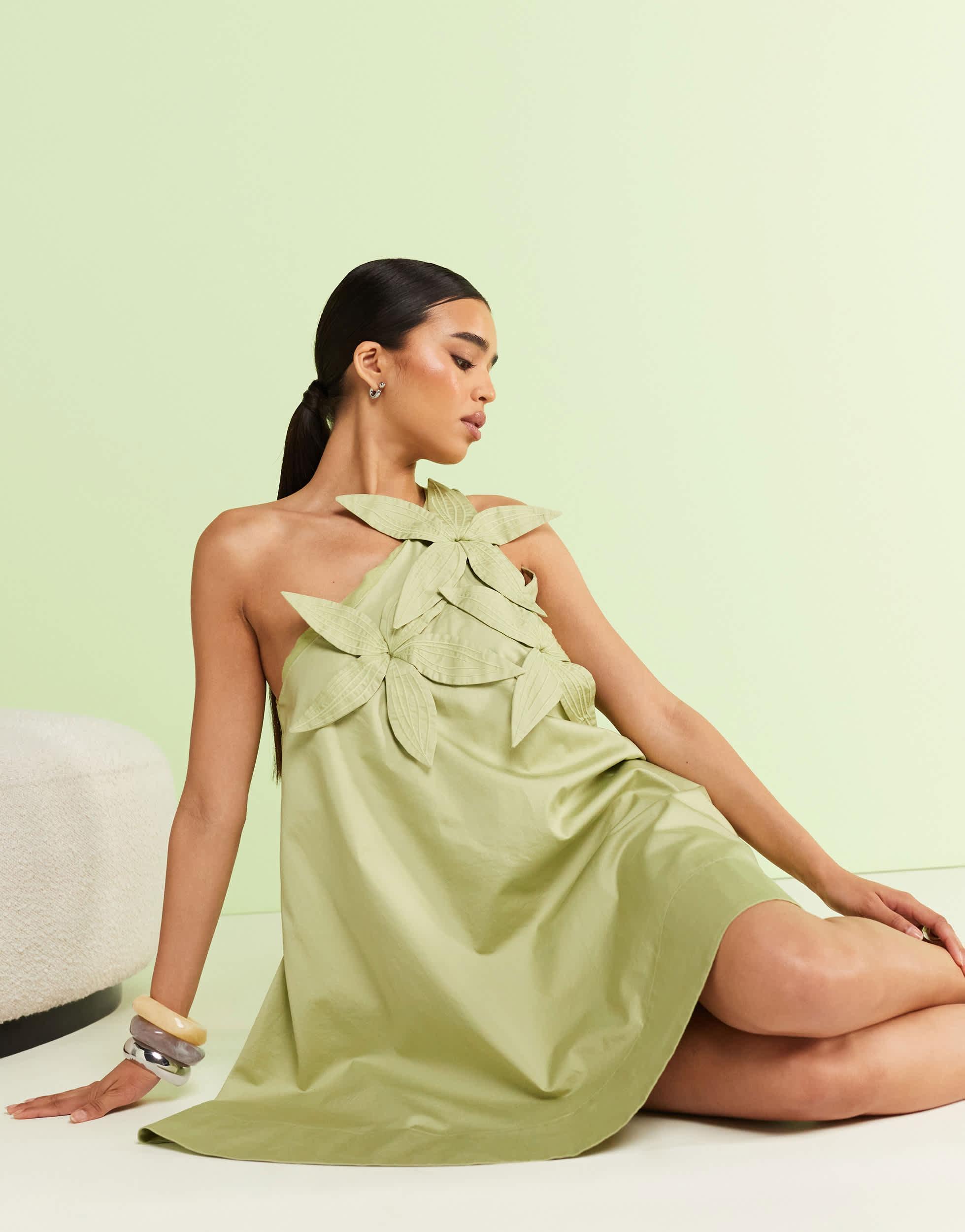 & Other Stories One Shoulder Mini Dress With 3-D Applique Flowers in Green  | Lyst