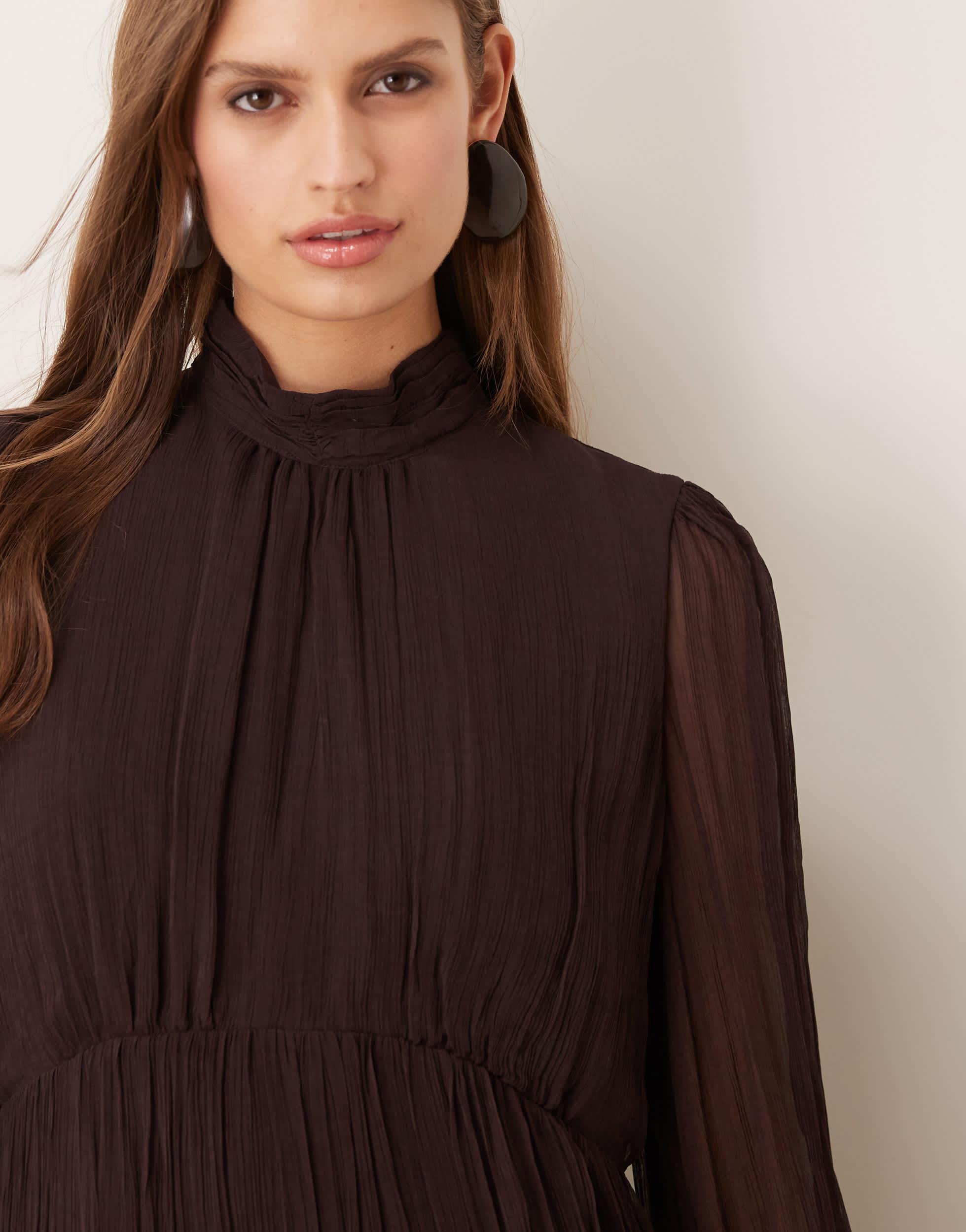 Mango High Neck Long Sleeve Chiffon Tiered Maxi Dress in Natural | Lyst