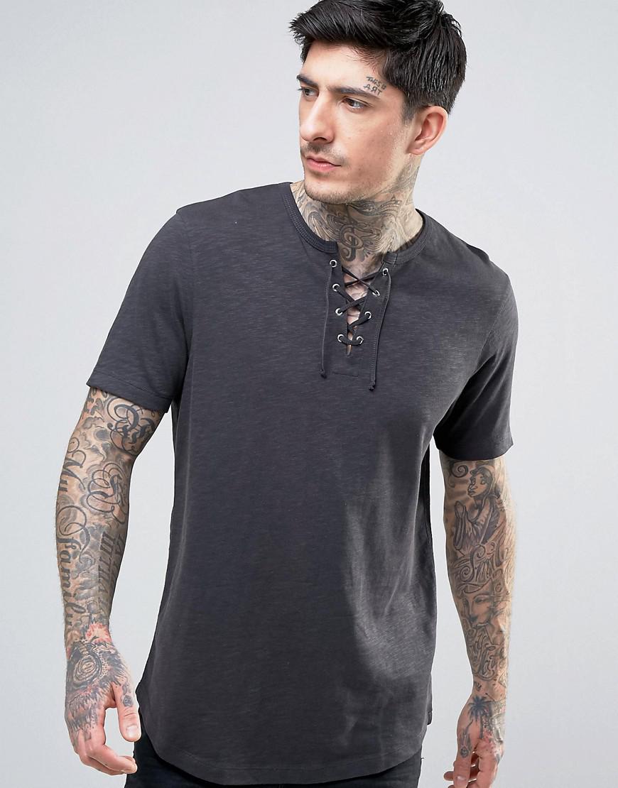 ASOS Cotton Longline T-shirt With Lace Up Neck In Textured Fabric With ...