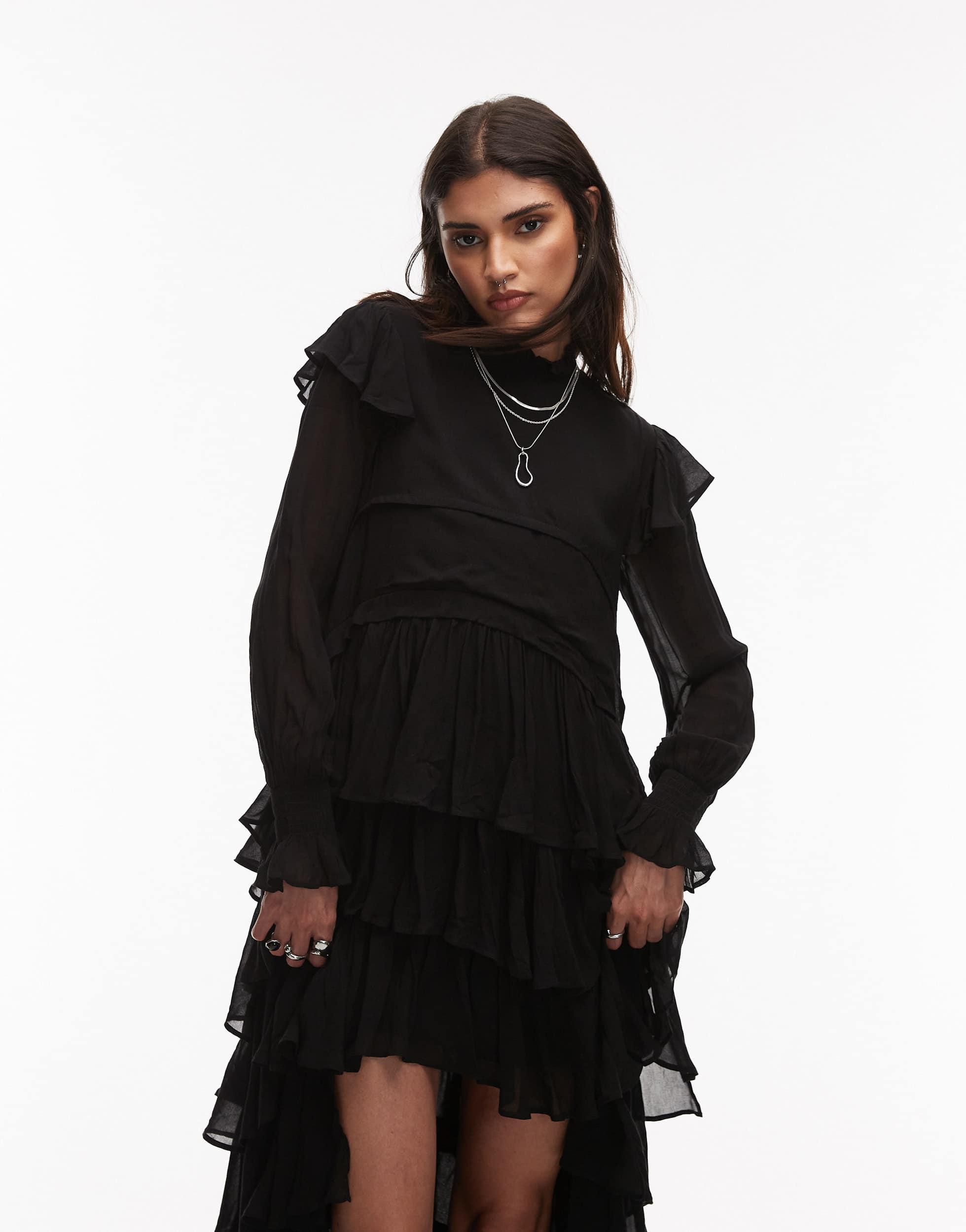 allsaints cavarly tiered ruffle maxi dress Cavarly Tiered Ruffle Maxi Dress Black