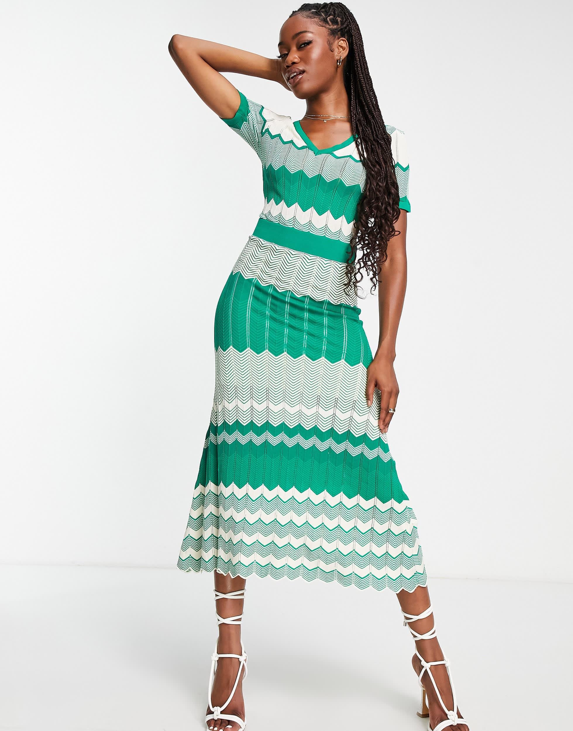 Morgan Knitted Contrast Panel Cap Sleeve Midi Dress in Green | Lyst  Australia