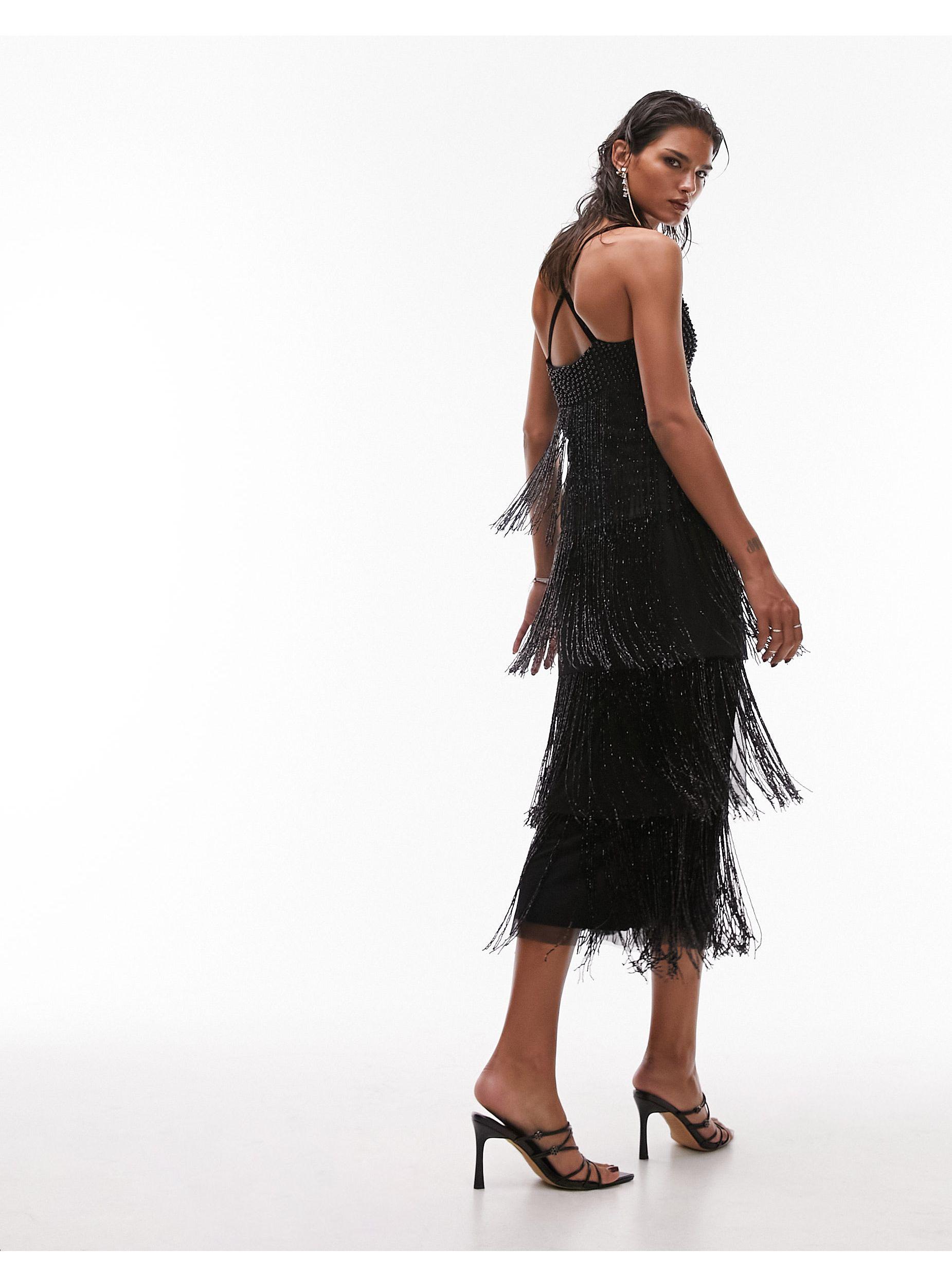 TOPSHOP Premium Strappy Embellished Fringe And Beaded Mix Midi