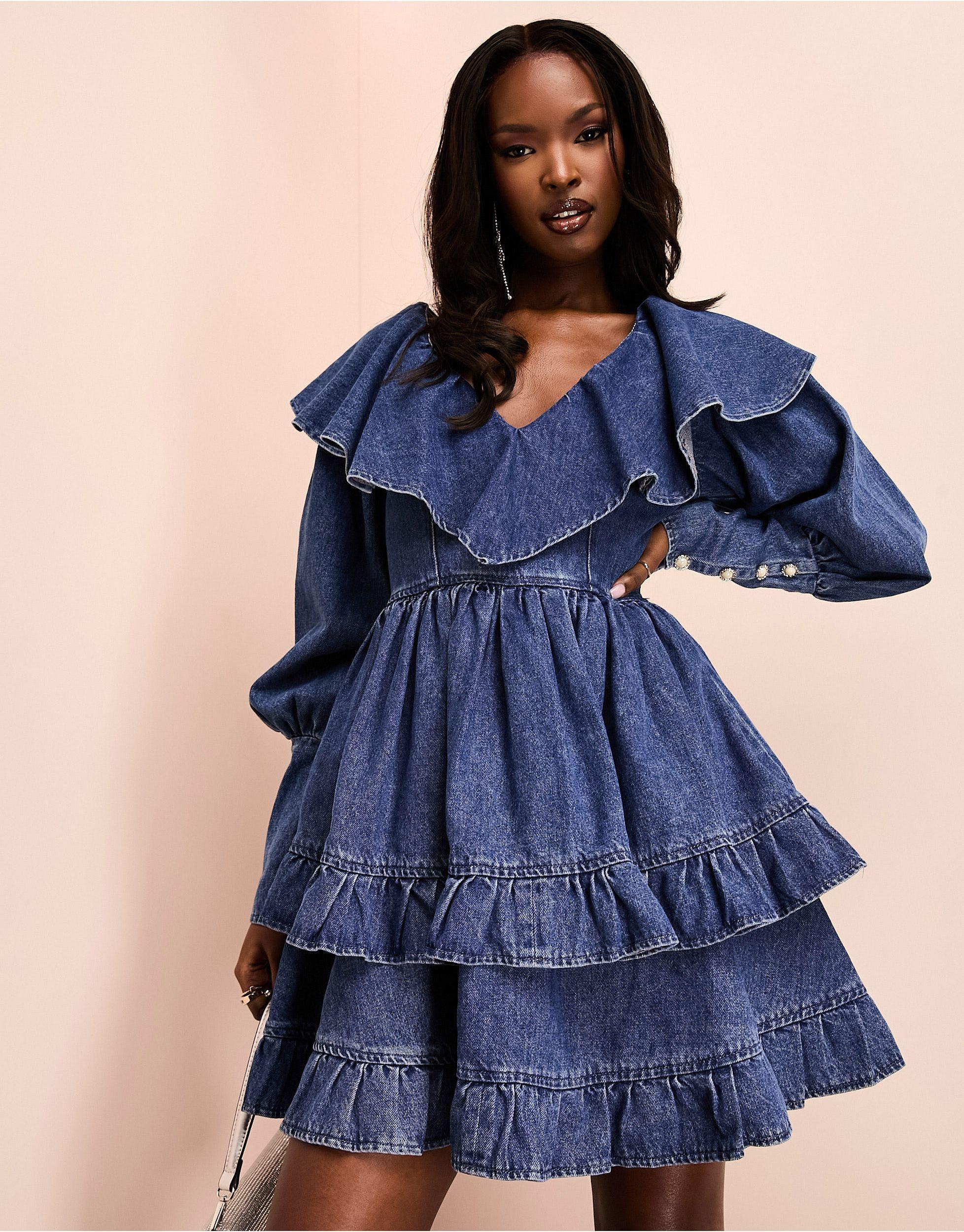 ASOS Denim Ruffle Plunge Tiered Mini Dress With Diamante Buttons in Blue |  Lyst UK