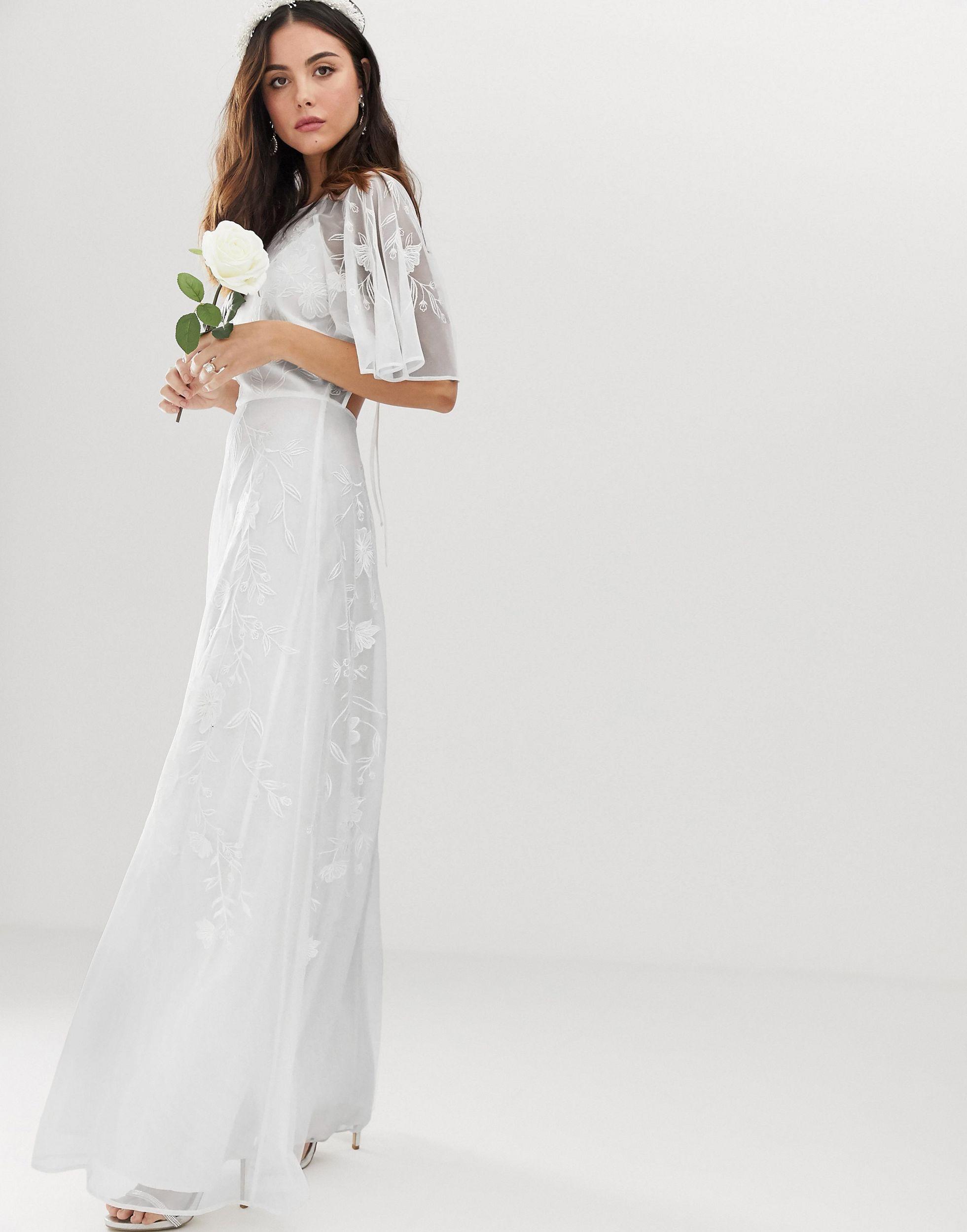 ASOS Synthetic Mia Embroidered Flutter Sleeve Wedding Dress in ...