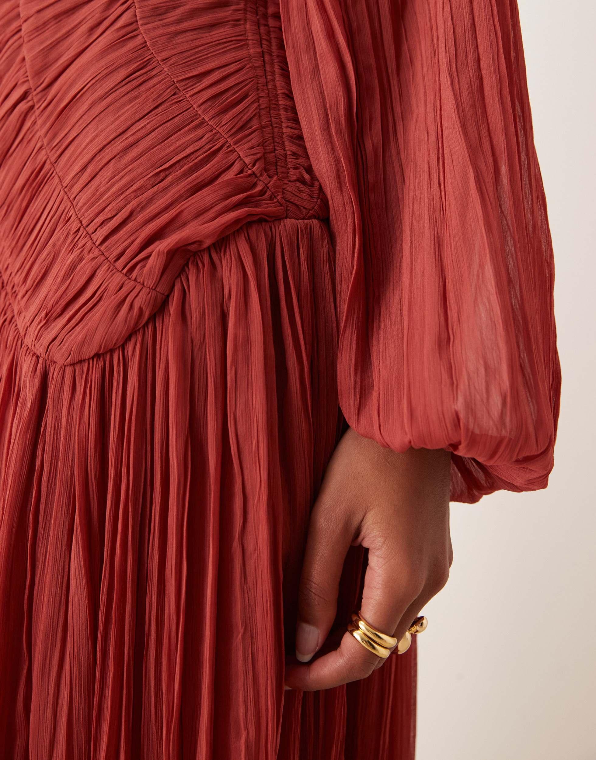 ASOS Long Sleeve Shir Crinkle Maxi Dress With Dropped Waist in Red | Lyst