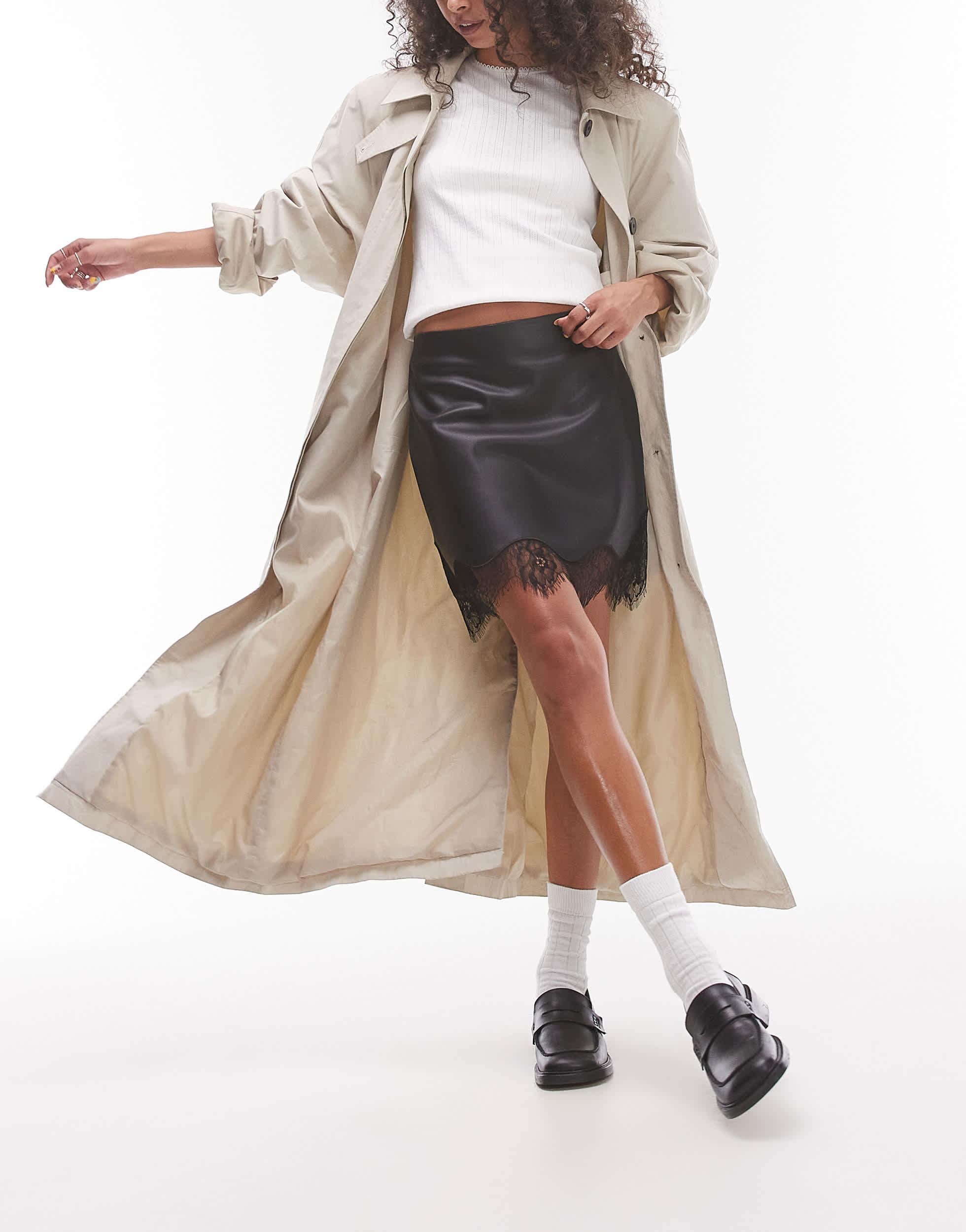 TOPSHOP Faux Leather Lace Insert Mini Skirt in Black Lyst