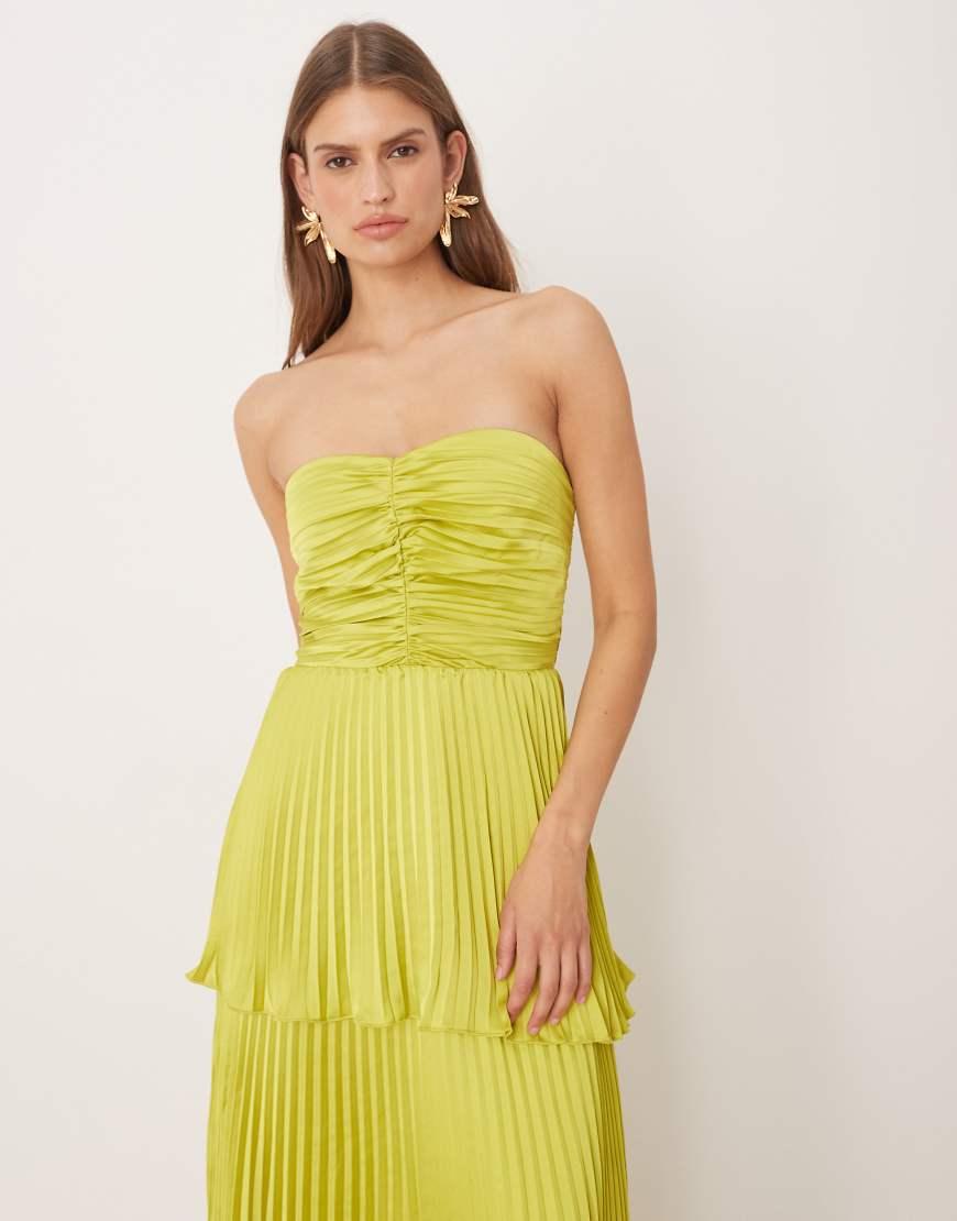 Abercrombie & Fitch Ruched Bandeau Pleated Tiered Maxi Dress in Yellow |  Lyst UK