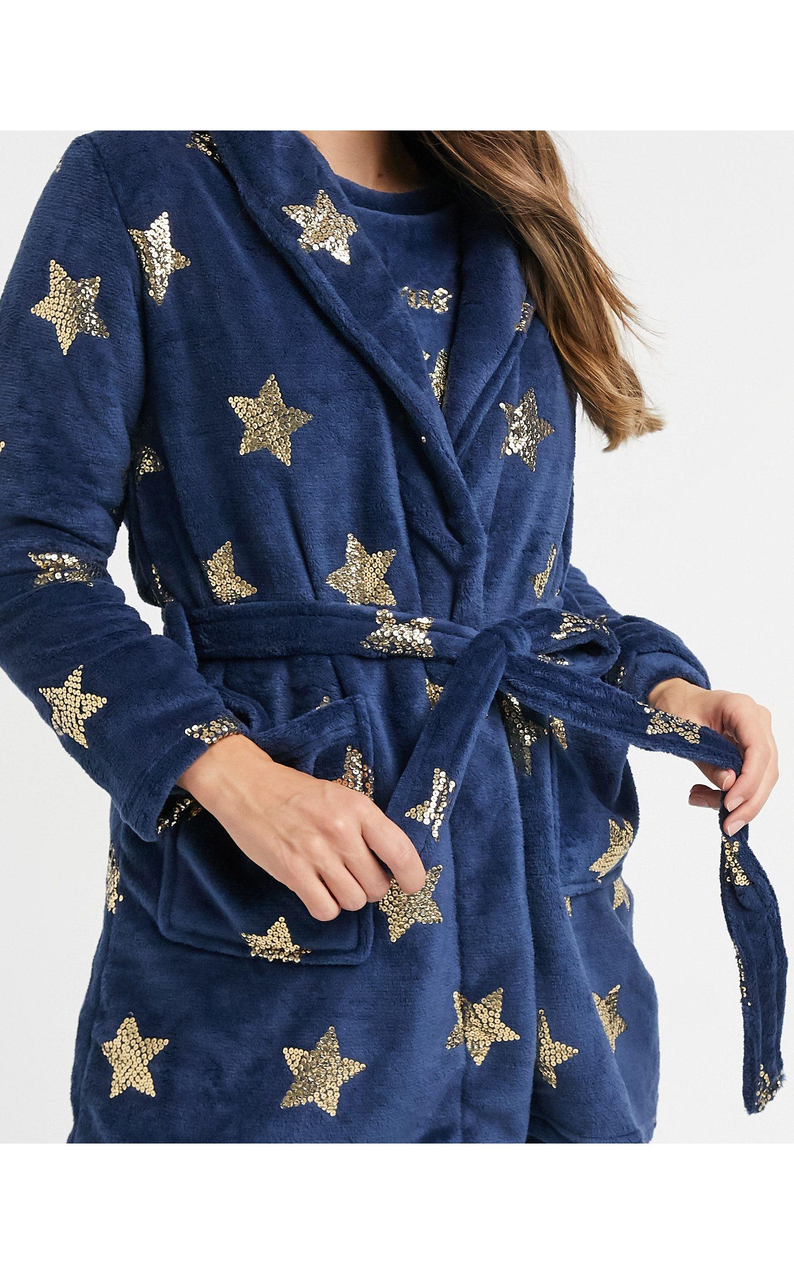 Metallic Womens Brave Soul Sequin Star Print Dressing Gown In Grey
