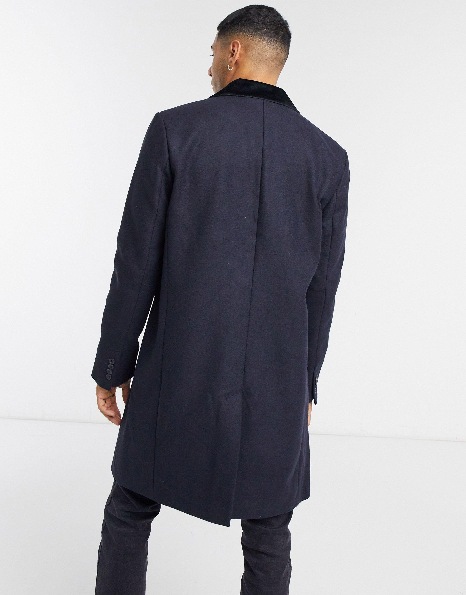 French Connection Single Breasted Over Coat With Velvet Collar in Navy (Blue) for Men - Lyst