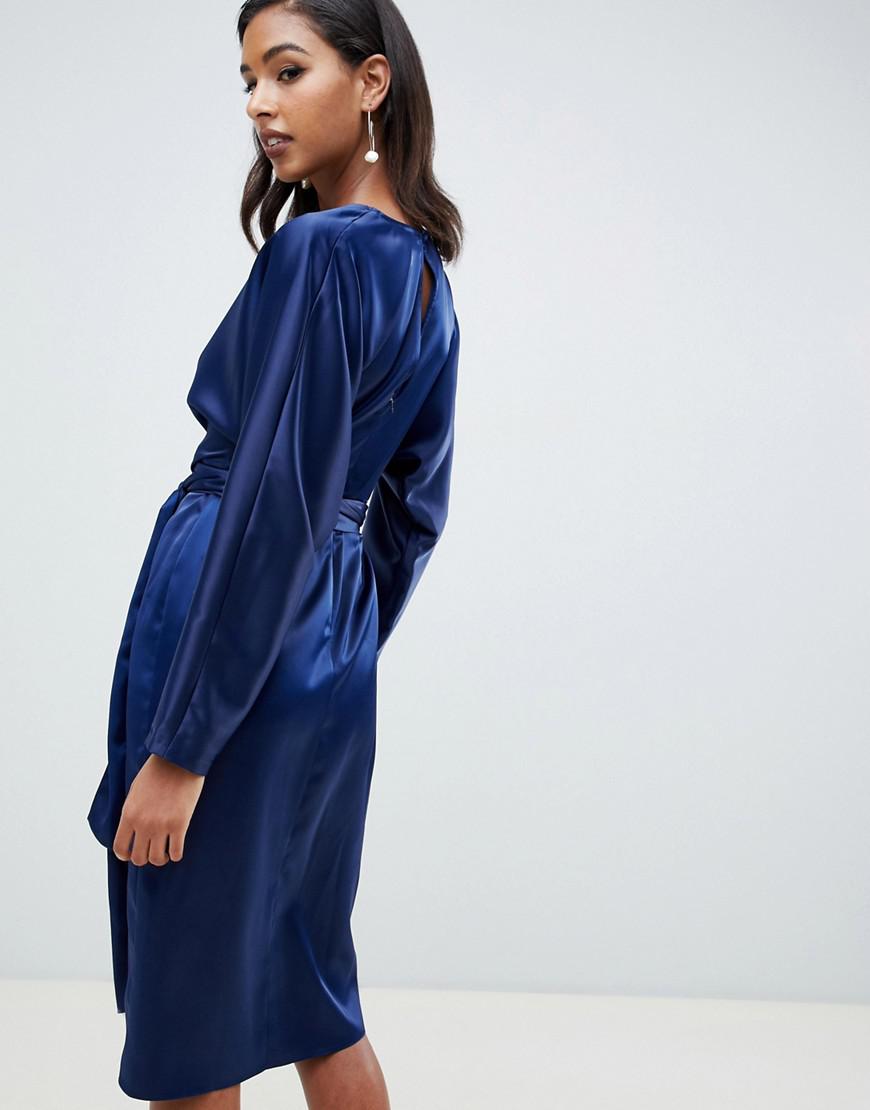 midi dress with batwing sleeve and wrap waist in satin