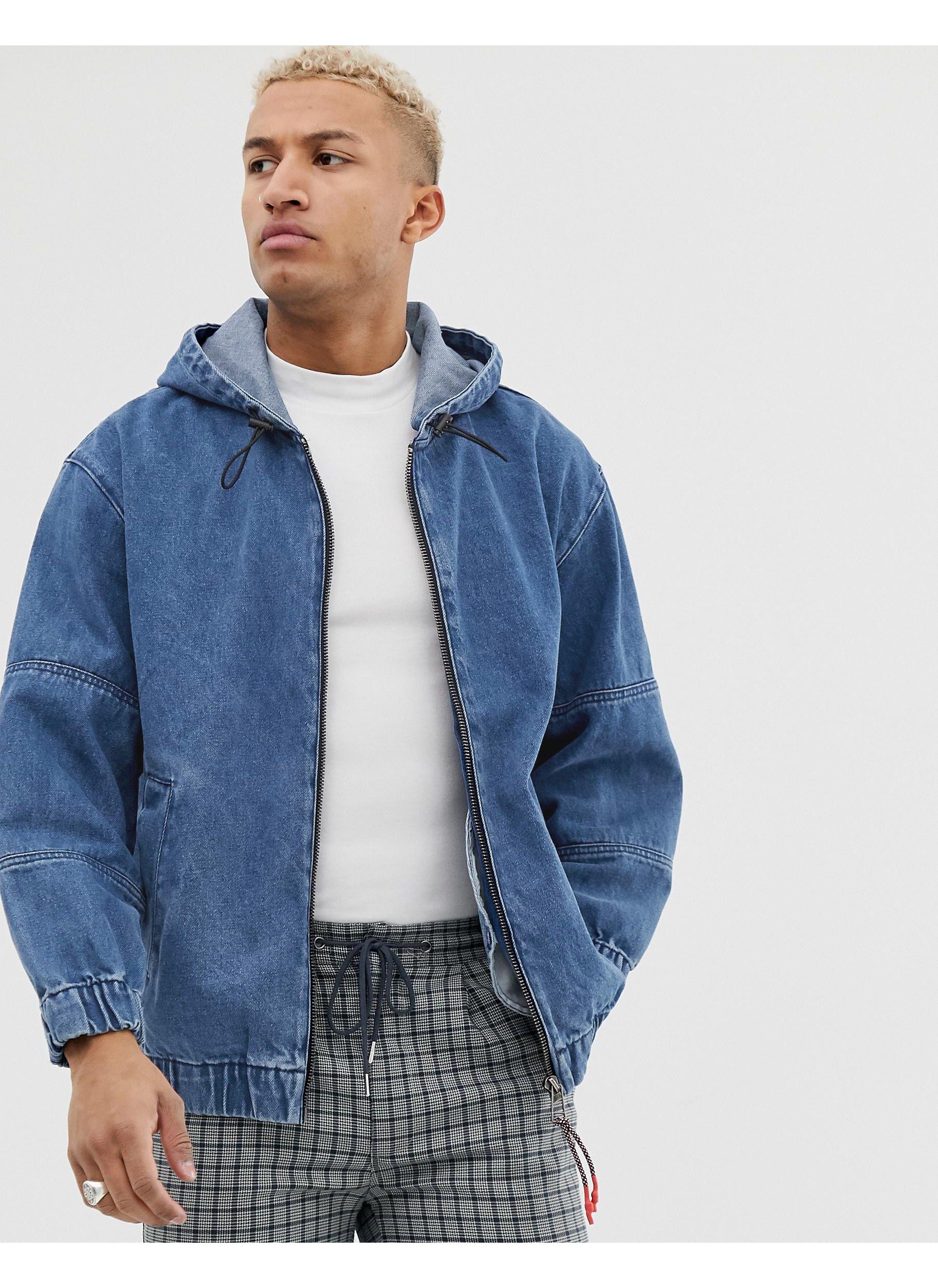 Bershka Denim Bomber With Hood In Mid Blue for Men | Lyst