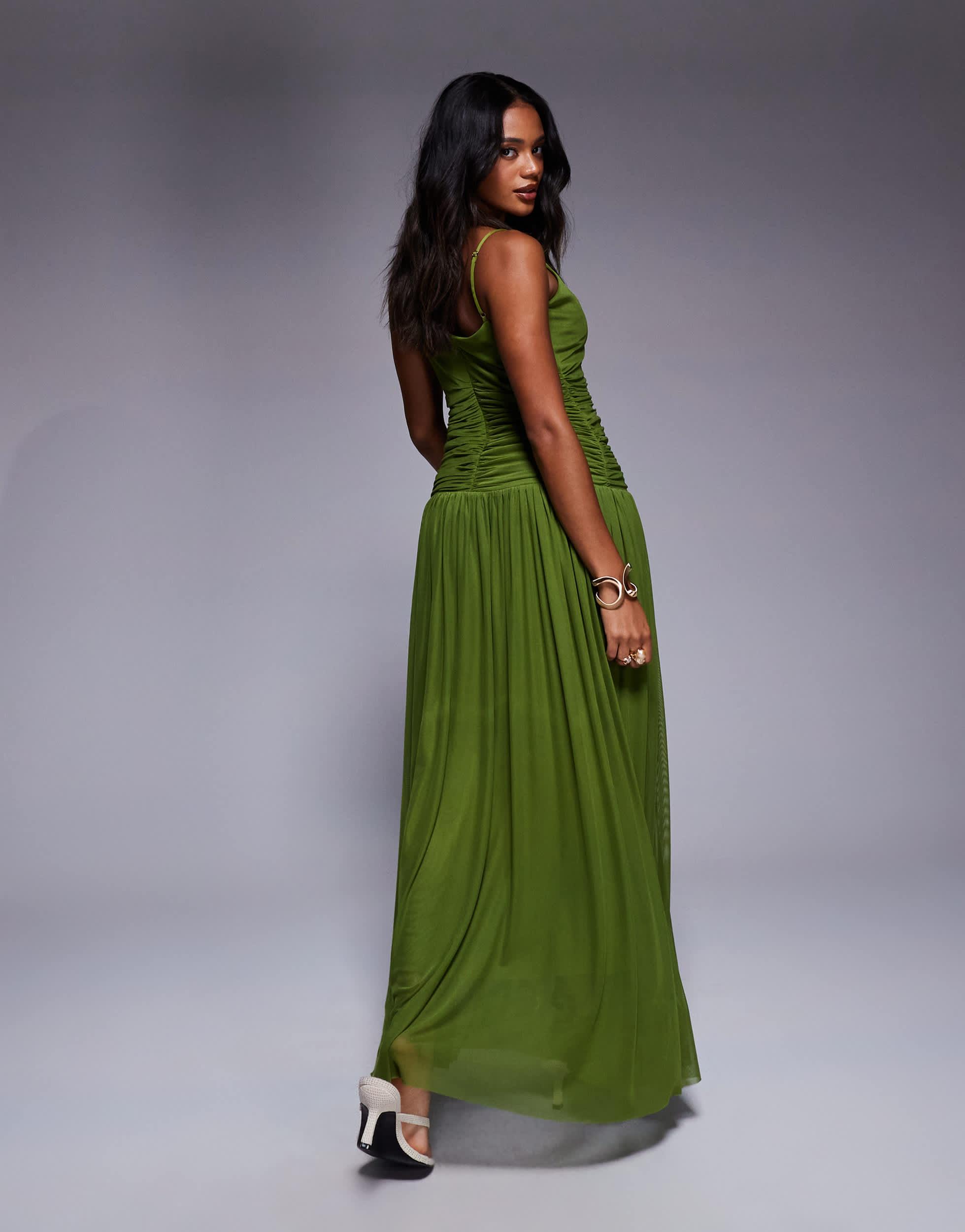 green drop waist maxi dress Aria Cove Chiffon V Neck Dropped Pleated in wedding evening