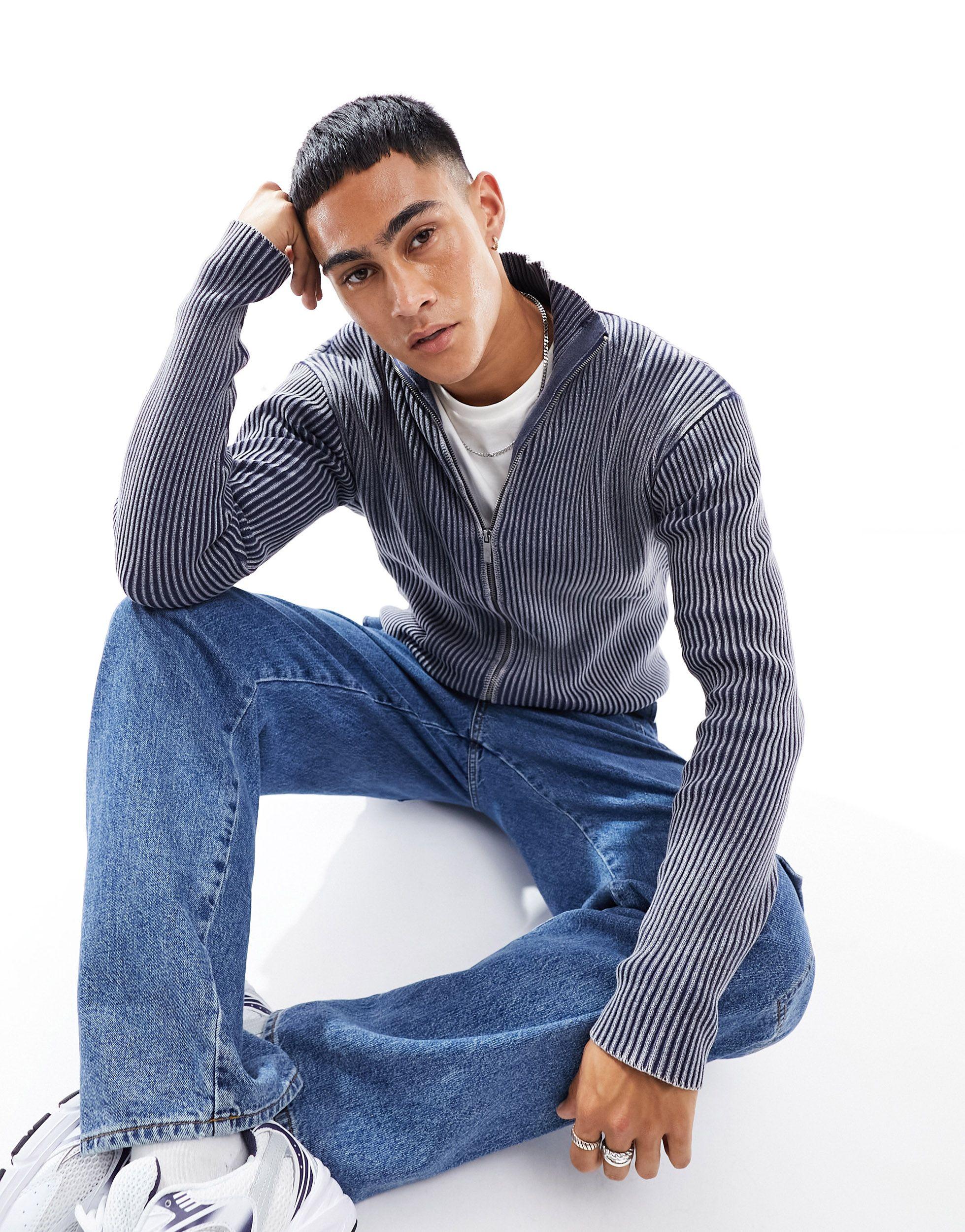 Bershka Ribbed Zip Through Jumper in Blue for Men | Lyst