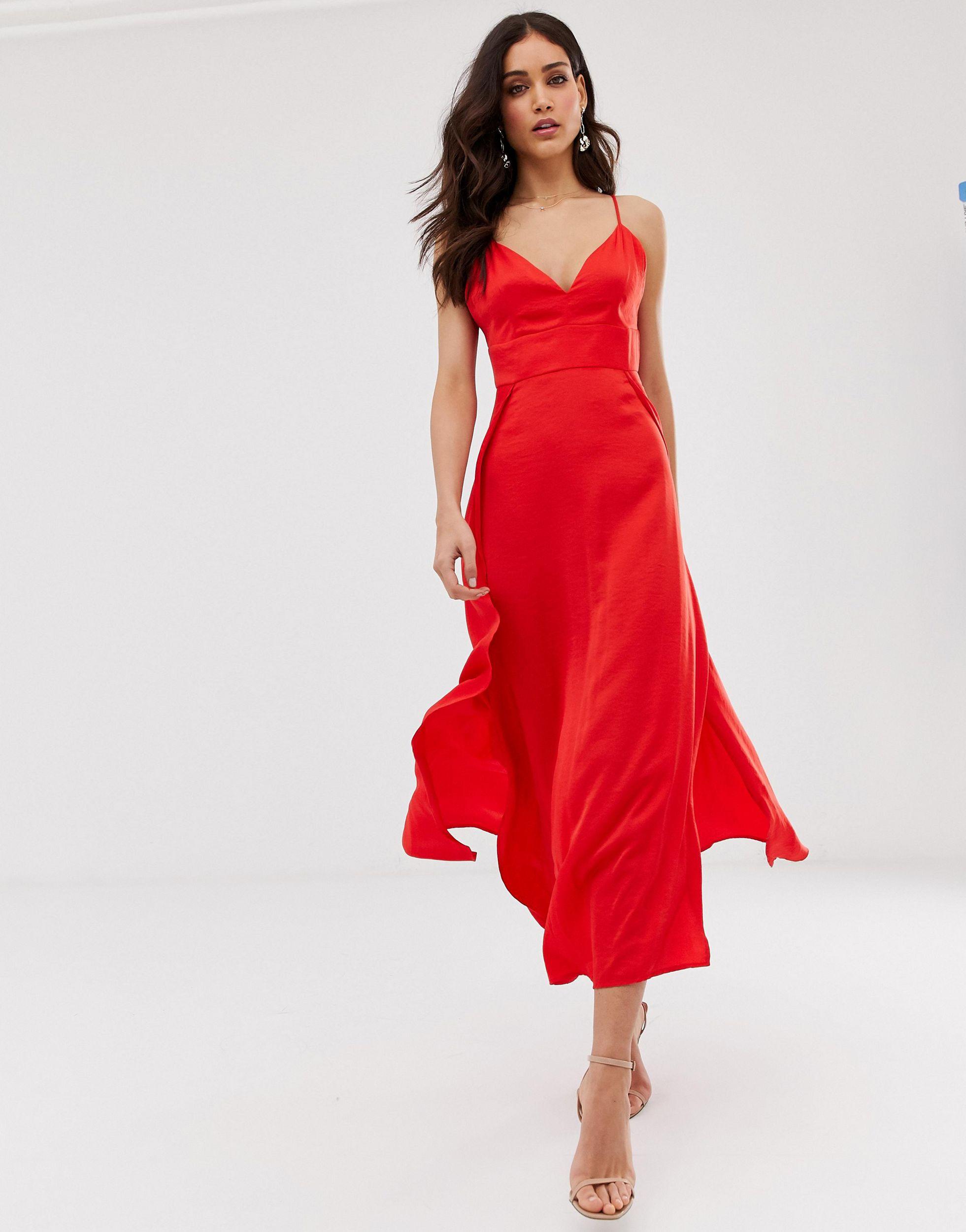 Vila Satin Cami Maxi Dress With Side Splits in Red | Lyst