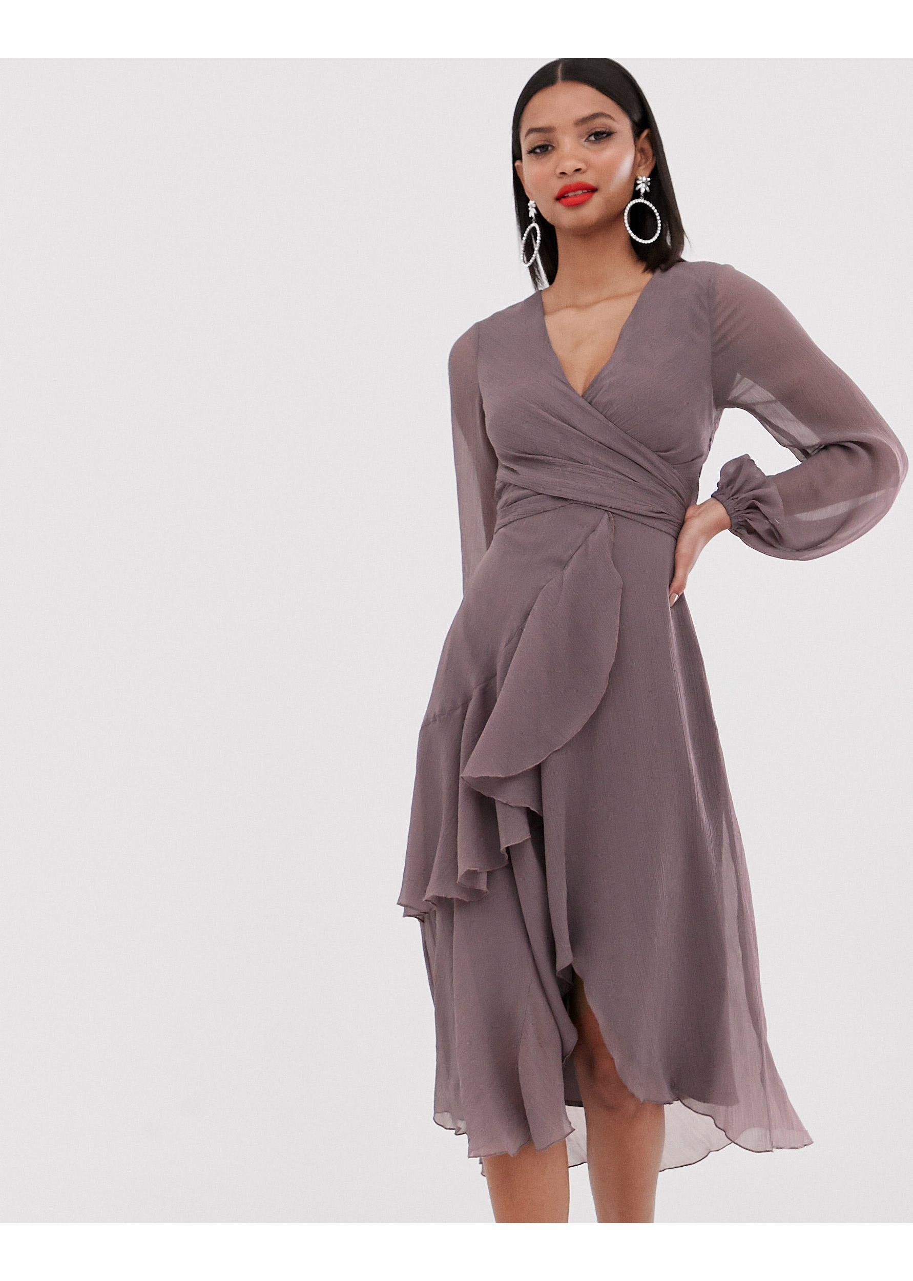 ASOS Chiffon Wrap Waist Midi Dress With Double Layer Skirt And Long Sleeve  in Purple | Lyst