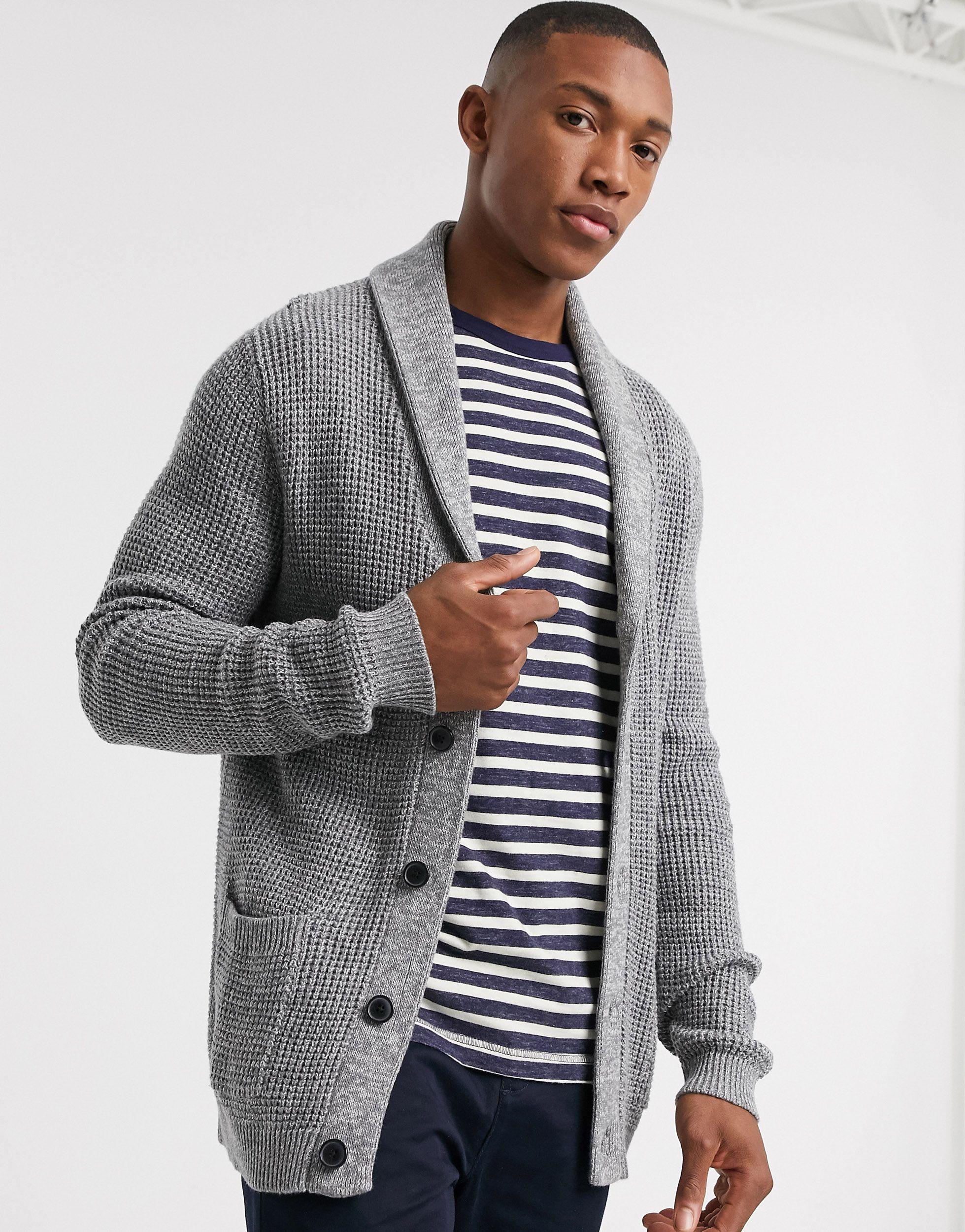 SELECTED Organic Cotton Shawl Neck Waffle Knitted Cardigan in Gray for Men  - Lyst