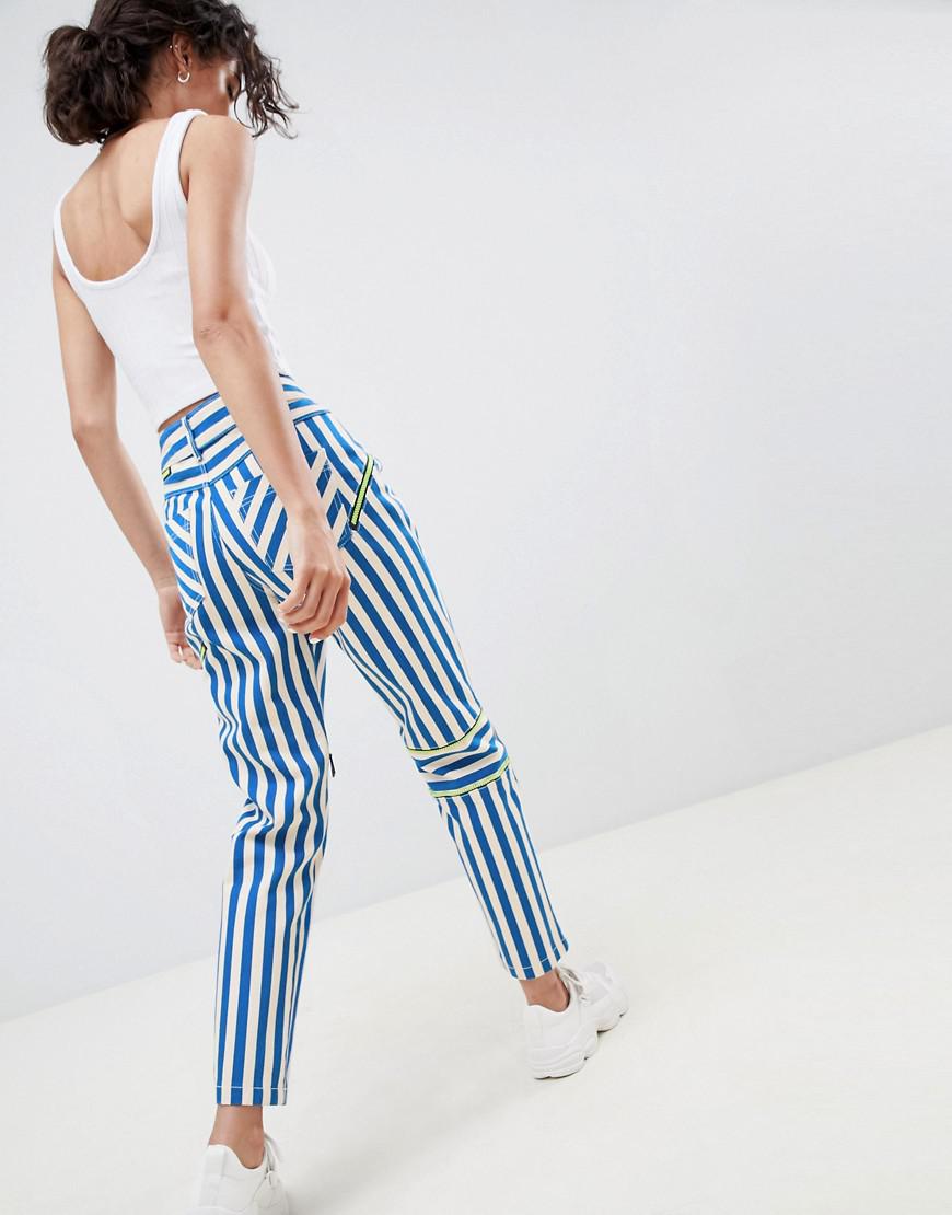 ASOS Denim Ritson Rigid Mom Jeans In Stripe With Neon Zip Detail in Blue -  Lyst