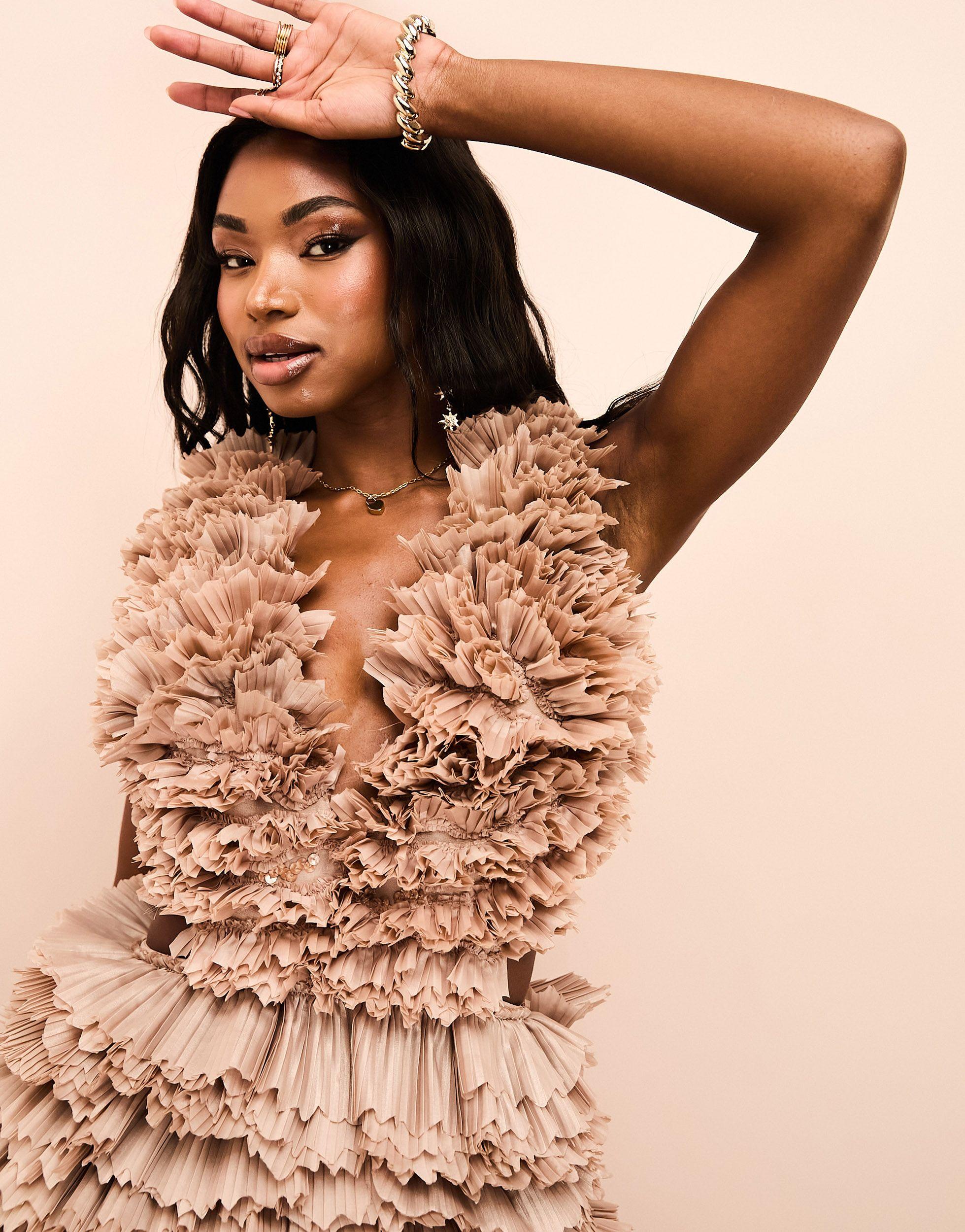 ASOS Premium Ruffle Plunge Maxi Dress in Natural Lyst UK