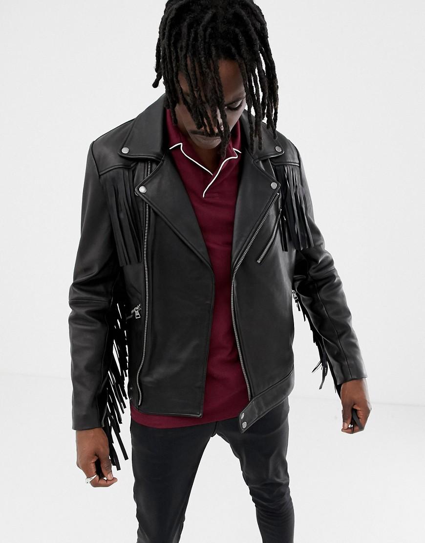 ASOS Leather Biker Jacket With Tassel Detail In Black for Men Lyst
