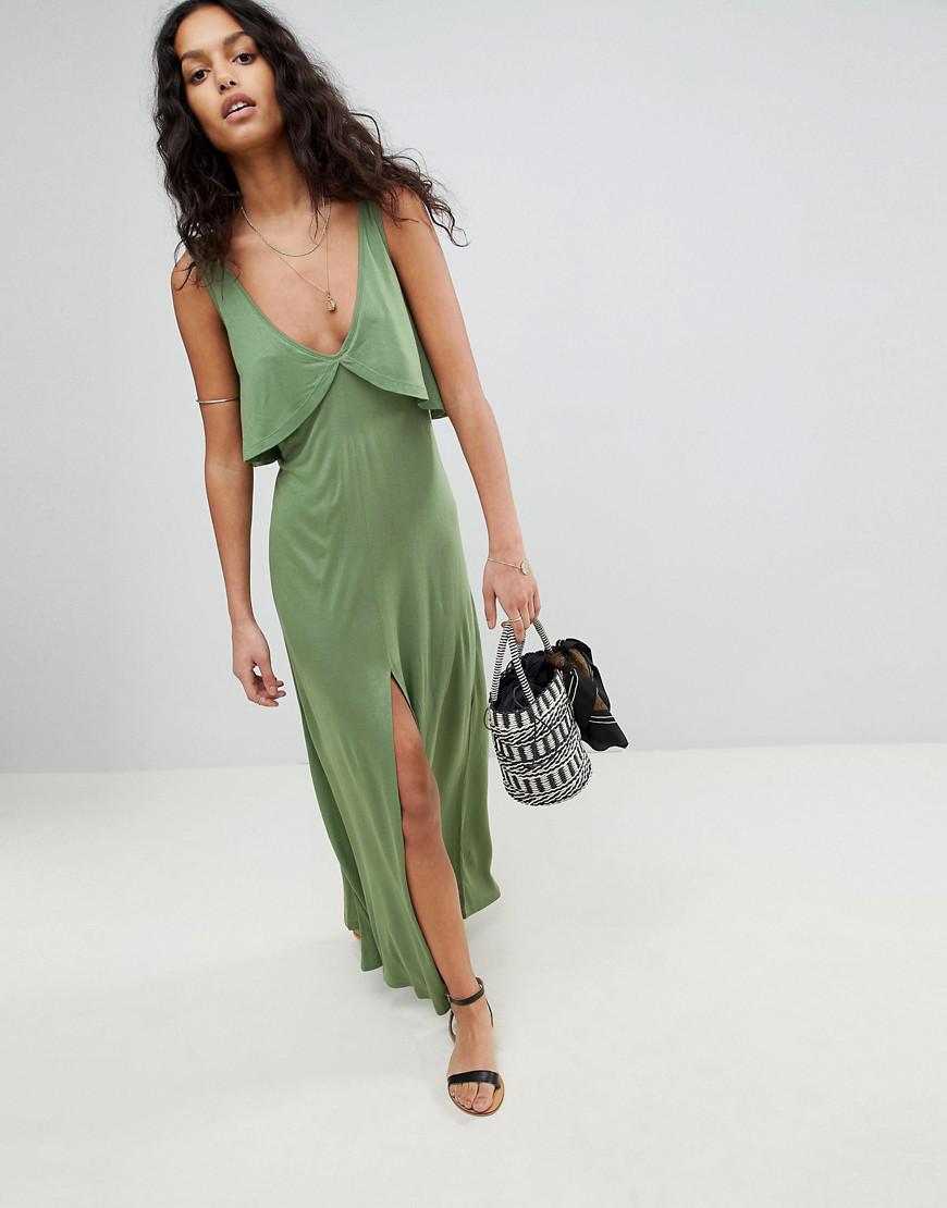 Green Coloris Vaporeuse Longue Superposition De Asos En Plage Volants Jersey Avec Robe bvg7yYf6