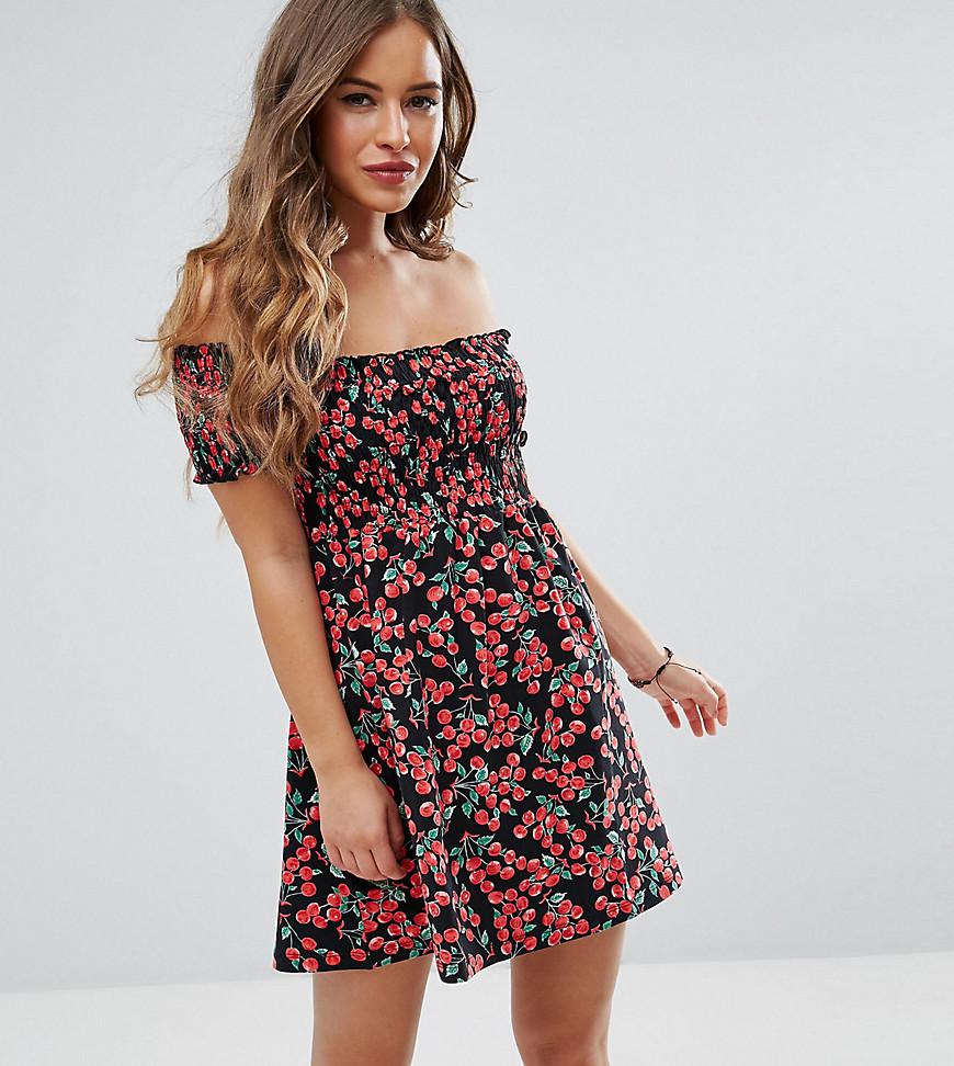 ASOS Cotton Off Shoulder Shirred Mini Sundress In Cherry Print - Lyst