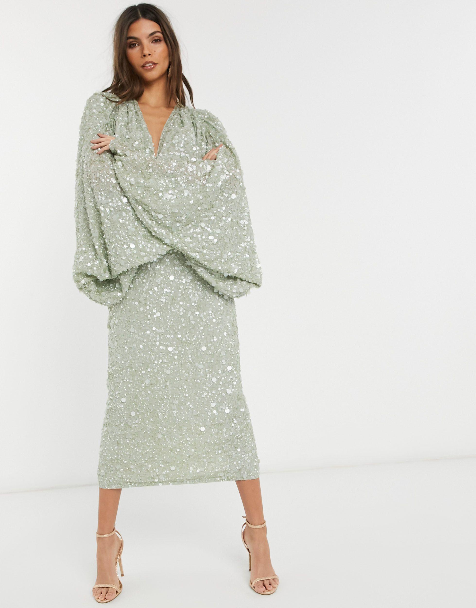 ASOS Kimono Sleeve Drape Back Sequin Midi Dress in Green | Lyst