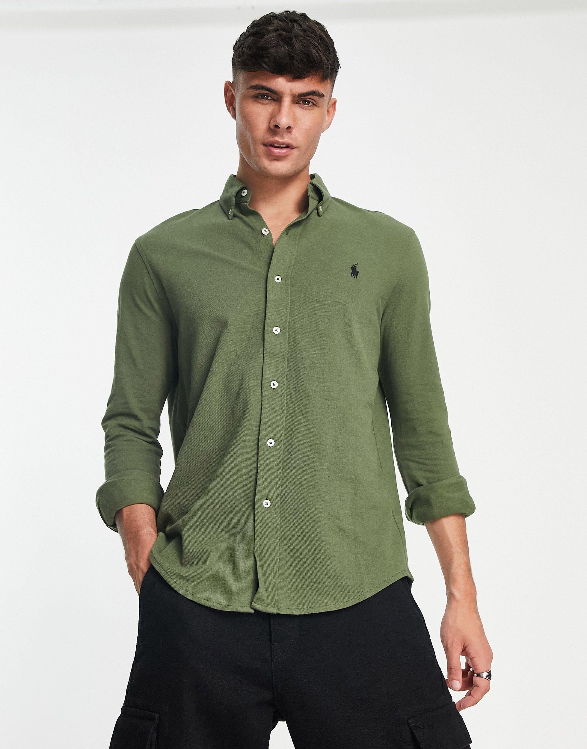 Polo Ralph Lauren Icon Logo Button Down Pique Shirt in Green for Men | Lyst  Australia