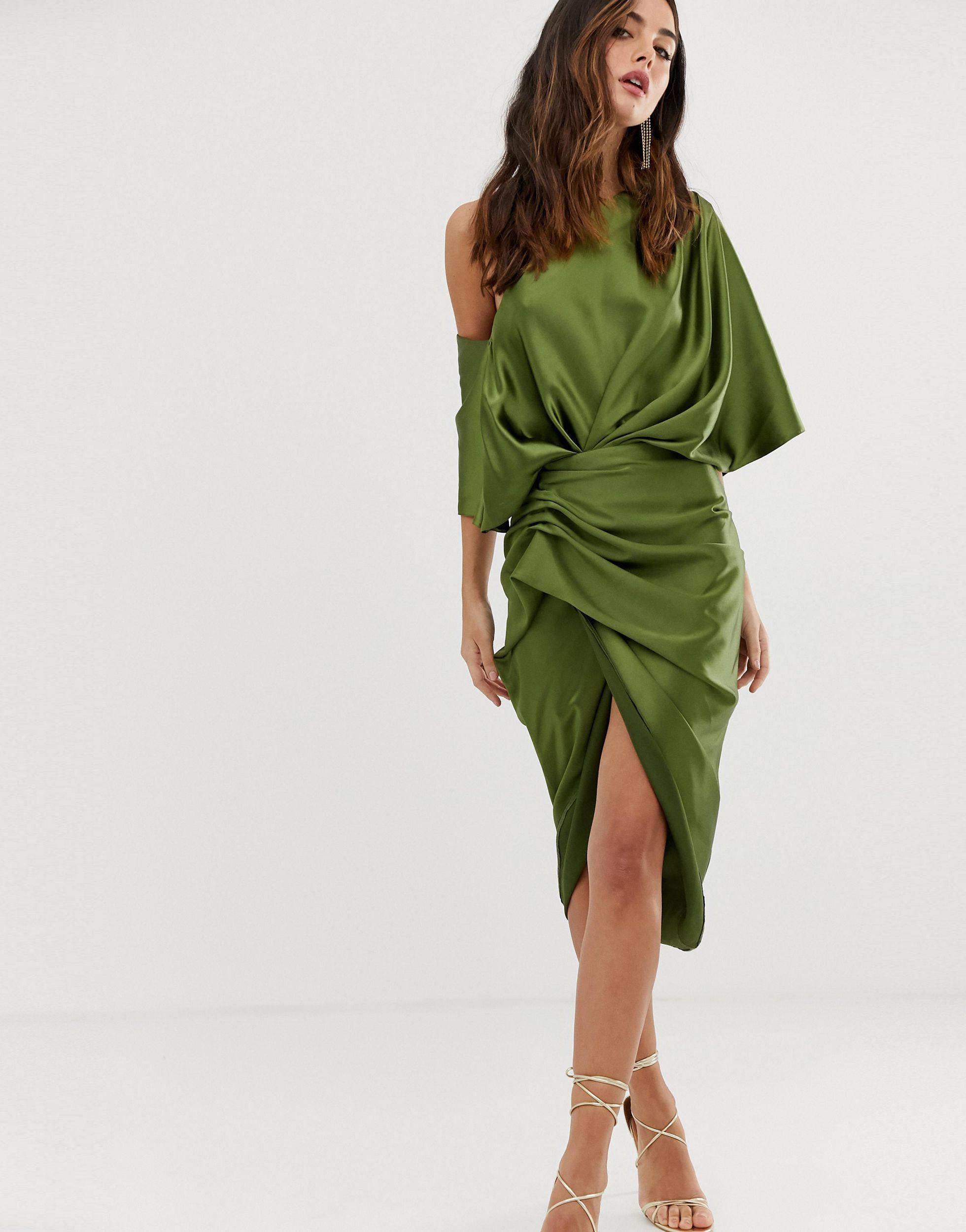 ASOS Drape Asymmetric Midi Dress in Green | Lyst