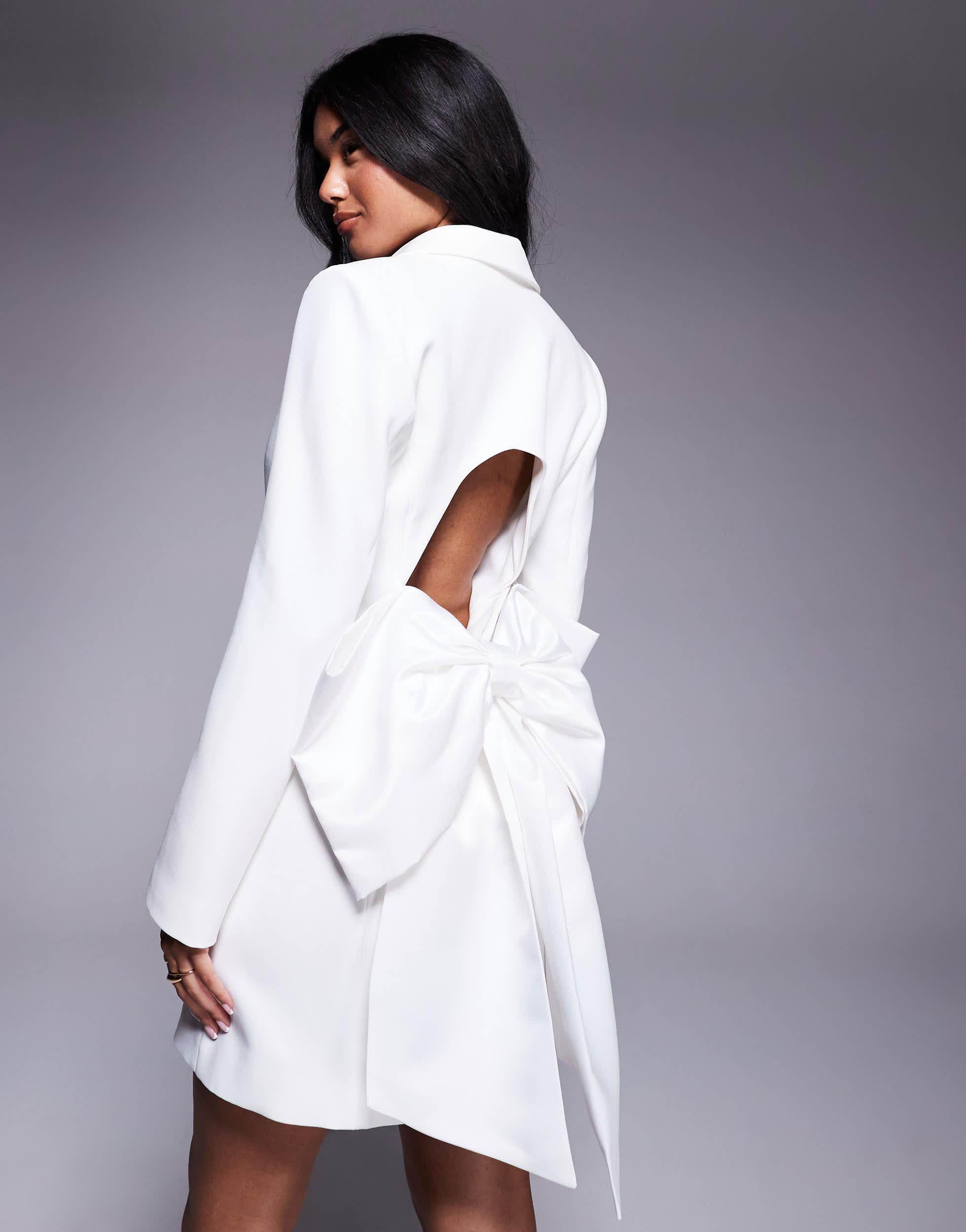open bow back tailored blazer dress Black Open Bow Back Tailored Blazer Dress