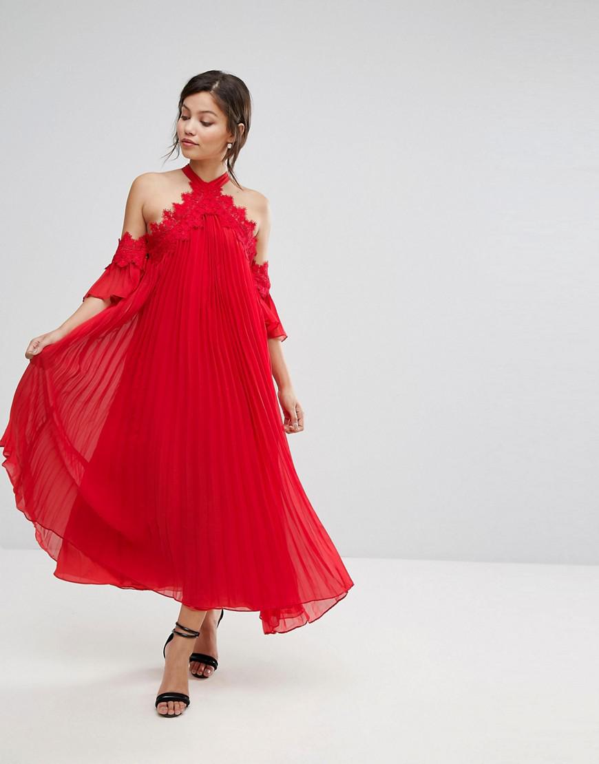 red pleated swing dress