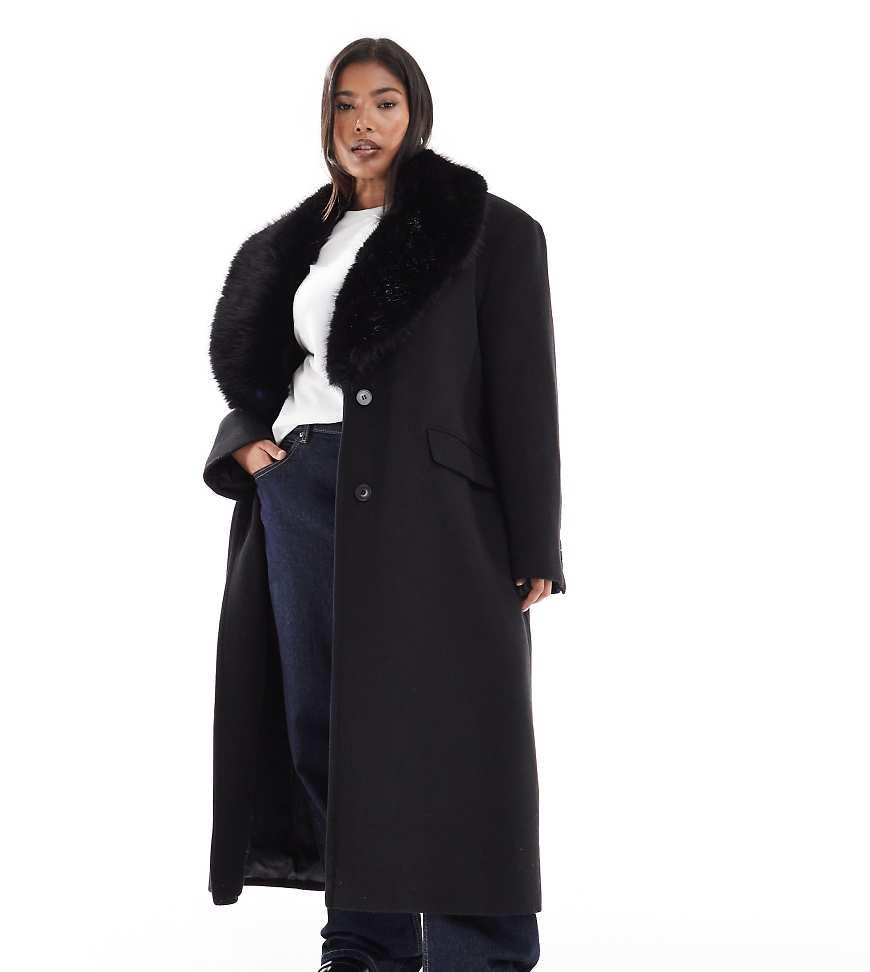 ASOS Asos Design Curve Faux Fur Collar Wool Blend Dad Coat in Blue