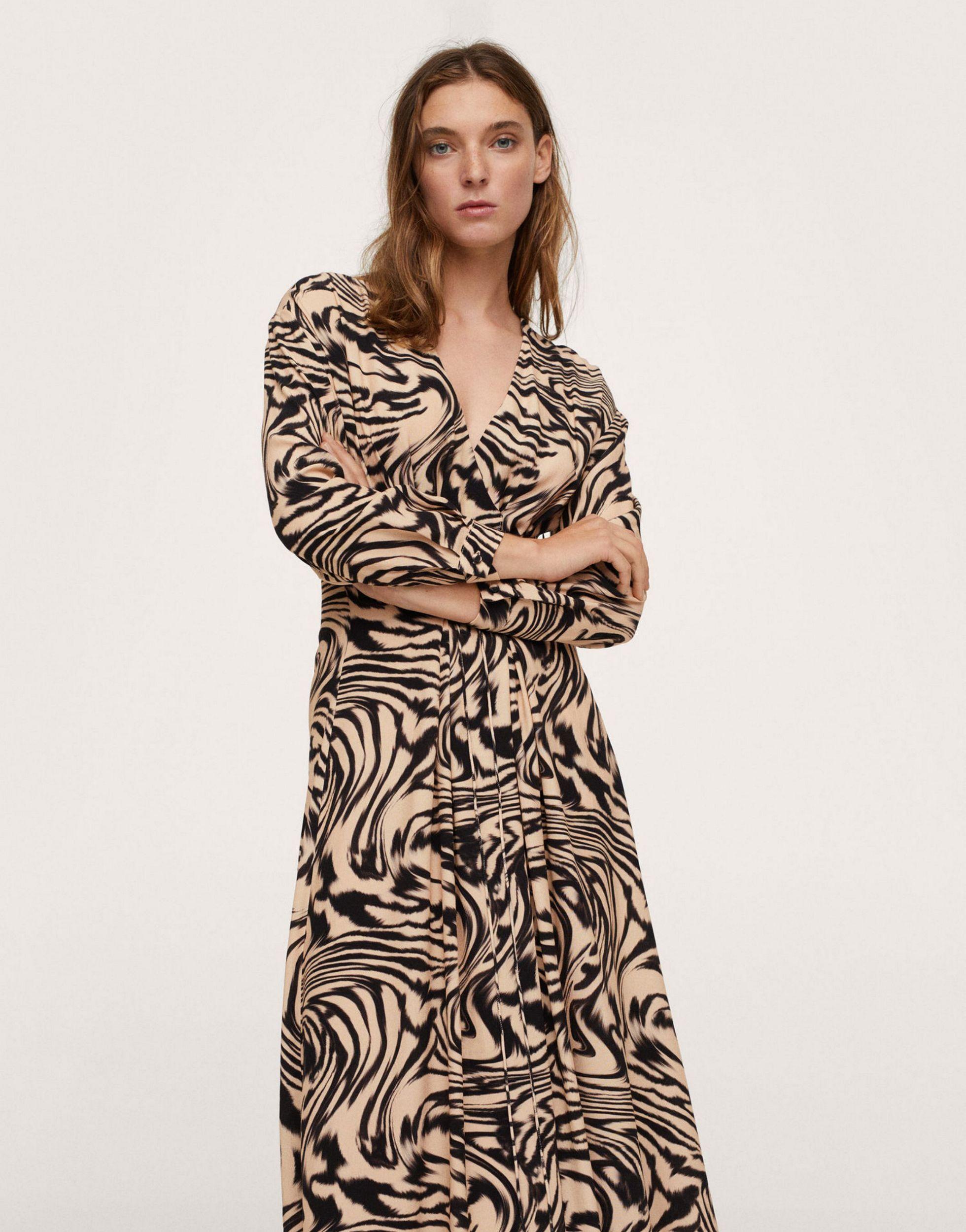 Mango Wavey Marble Print Midi Dress in Brown | Lyst