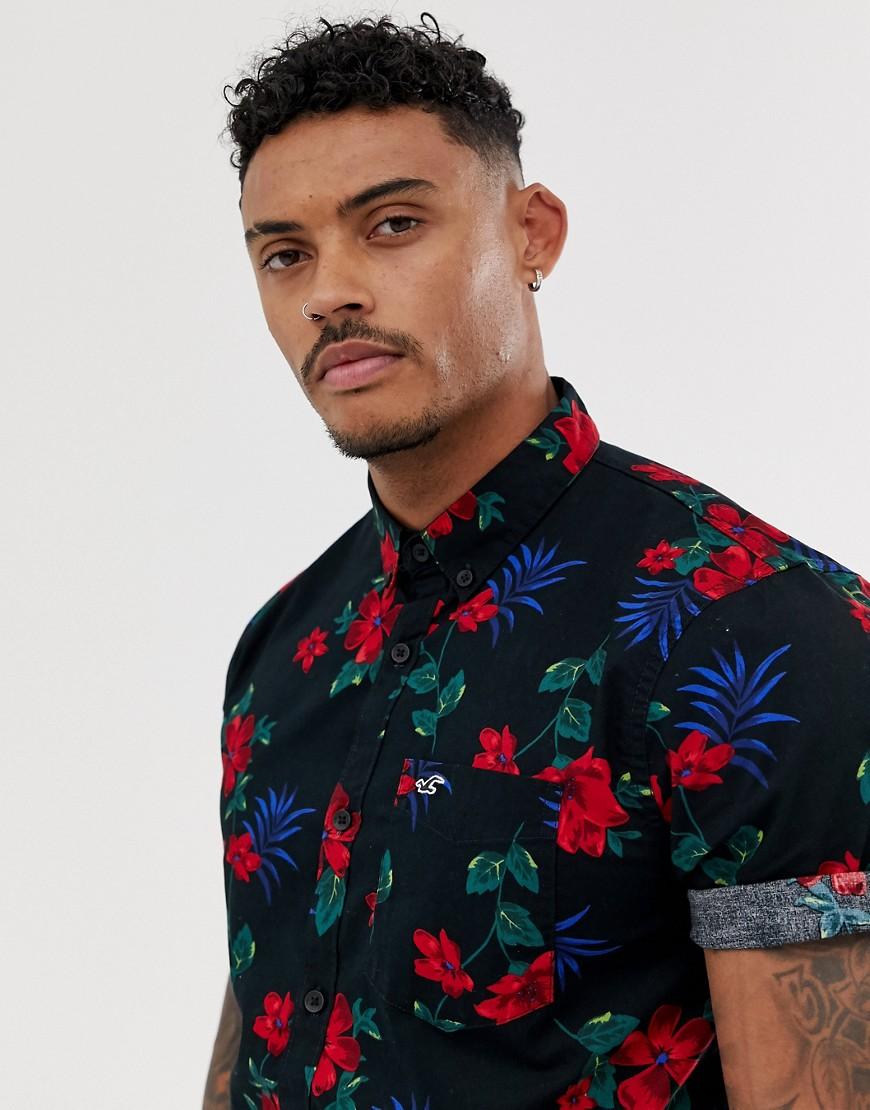 Hollister Floral Print Short Sleeve Poplin Shirt Slim Fit in Black for Men  | Lyst