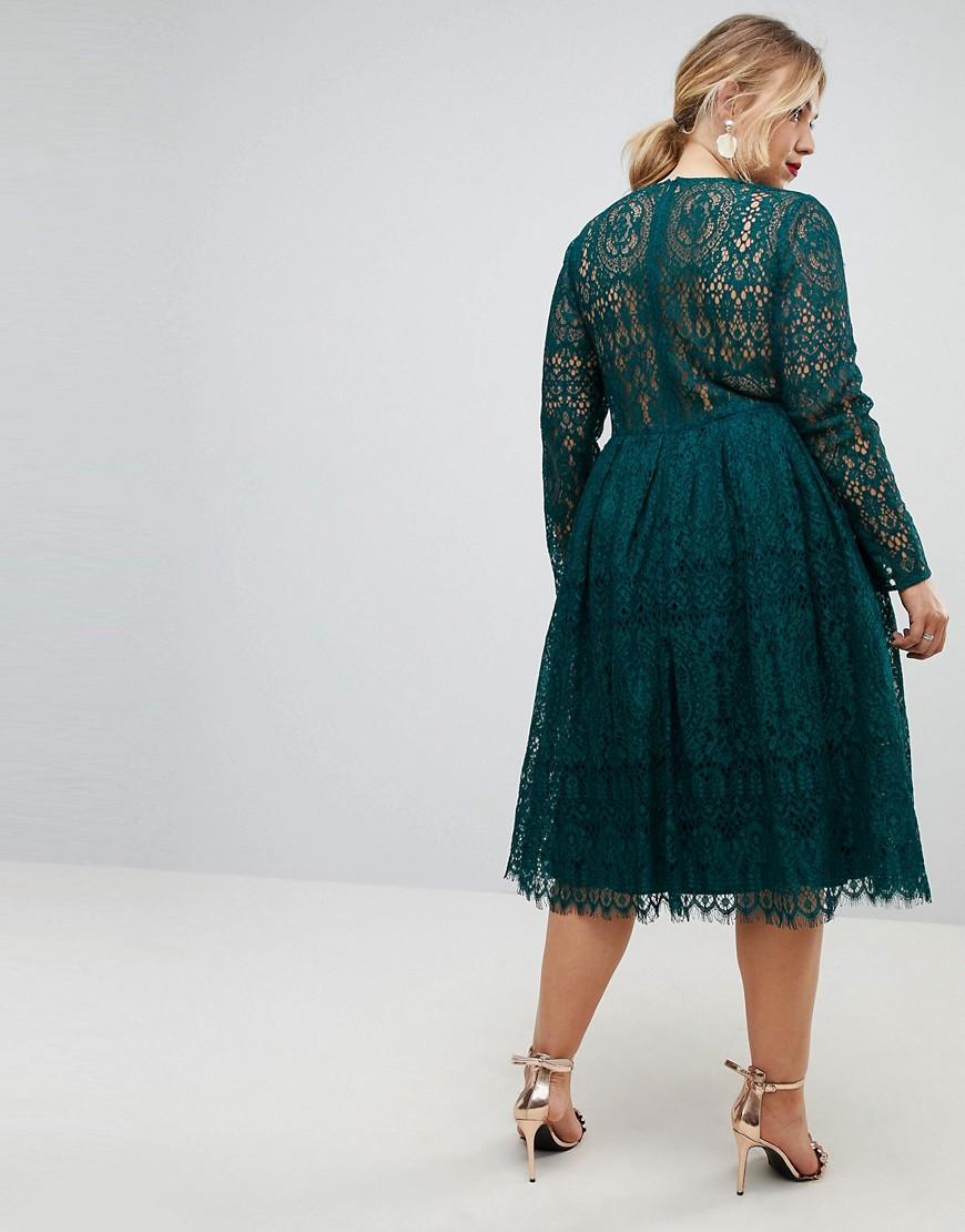 ASOS Long Sleeve Lace Midi Prom Dress in Green - Lyst