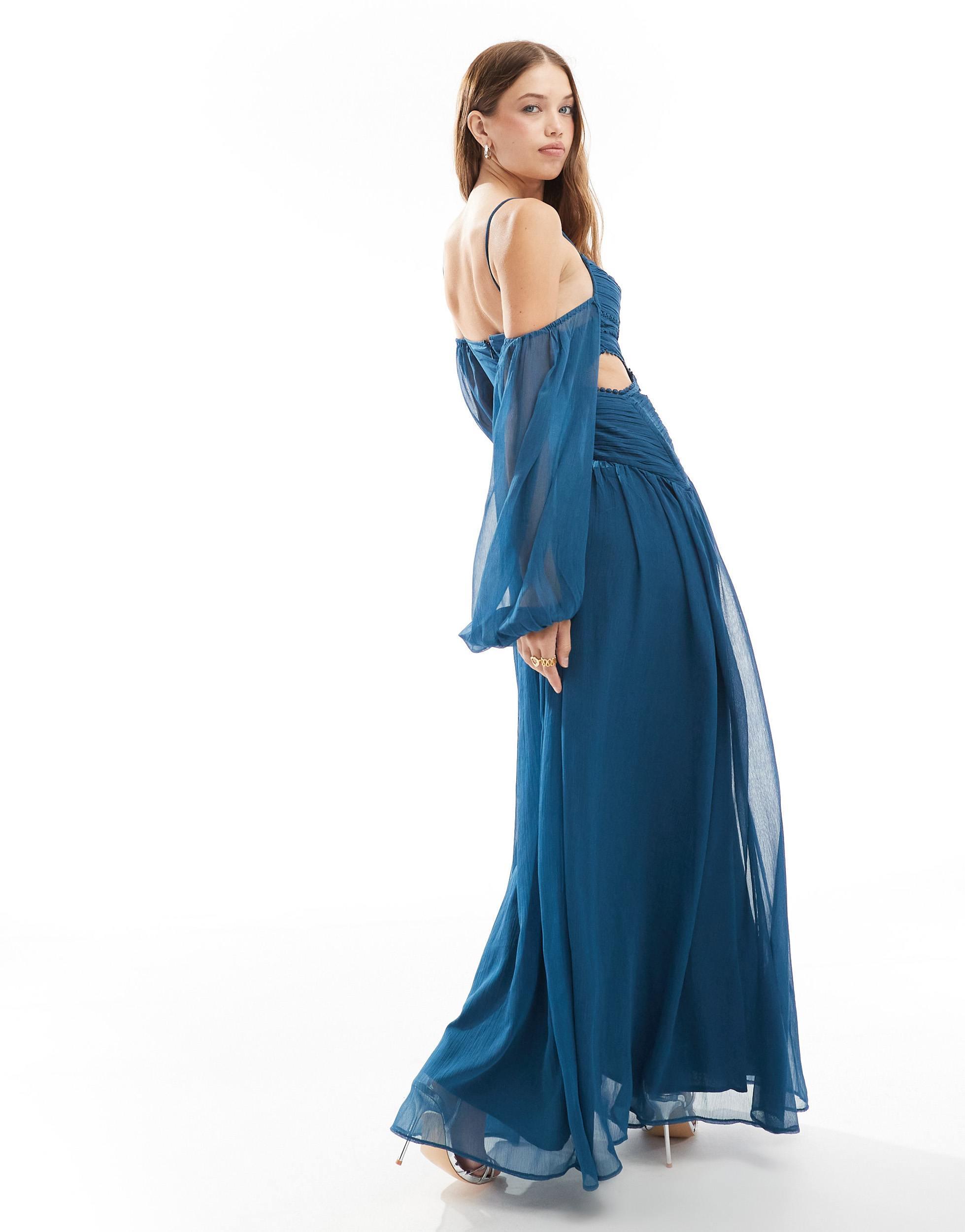 ASOS Lace Insert Ruched Maxi Dress With Cut Out in Blue | Lyst