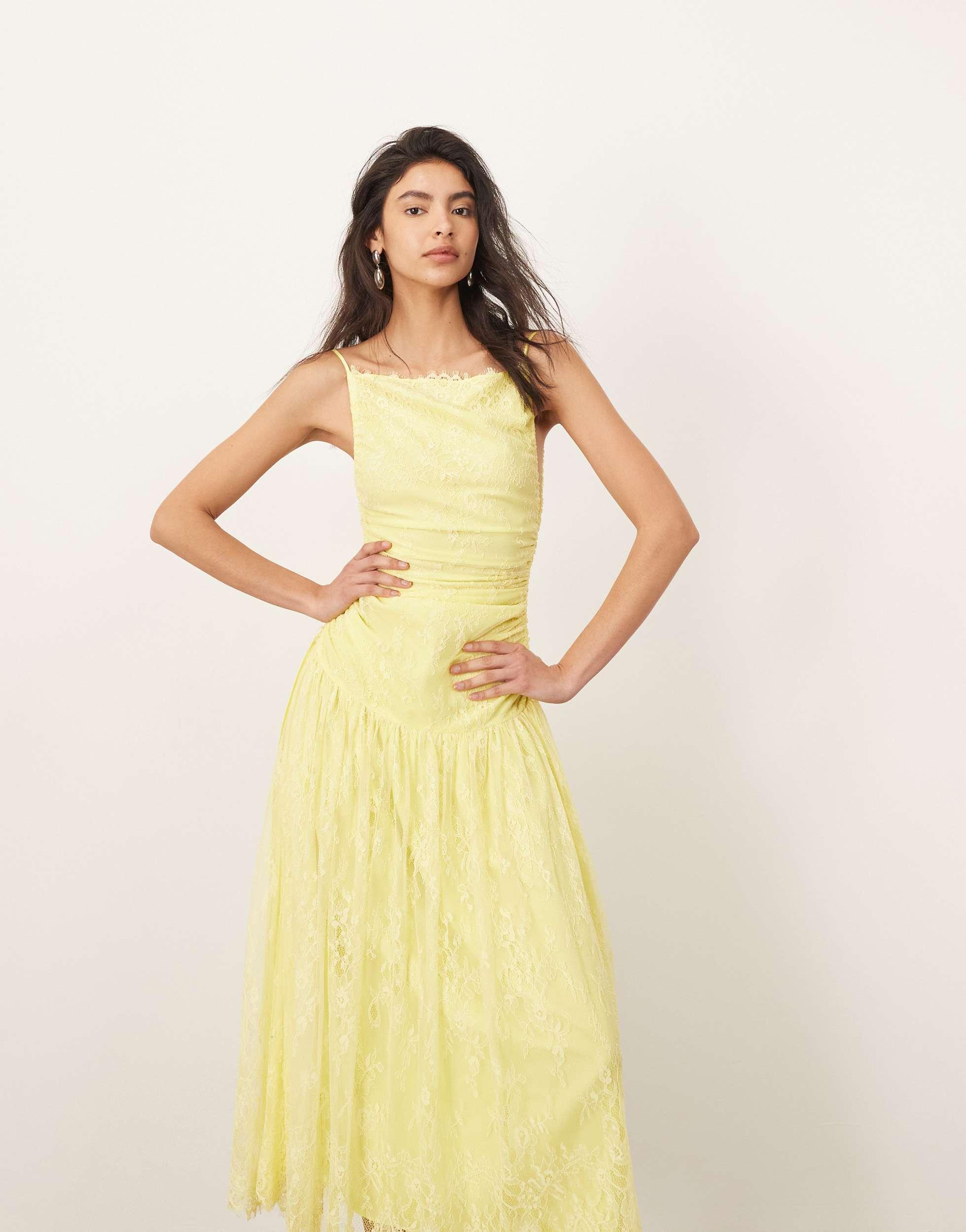 ARRANGE Lace Ruched Dropped Waist Midi Dress in Yellow | Lyst ARRANGE Lace Ruched Dropped Waist Midi Dress in Yellow | Lyst