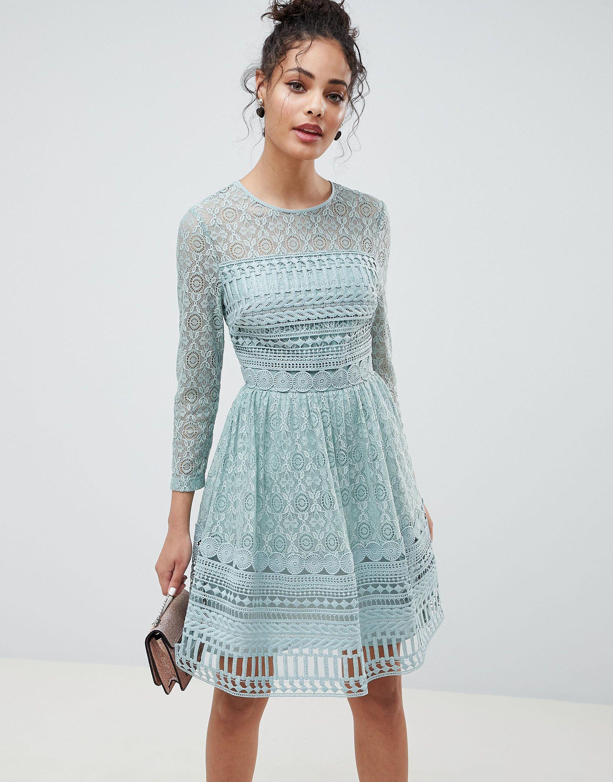 asos lace skater dress ASOS LUXE eyelet corseted lace sleeve mini skater dress in pink