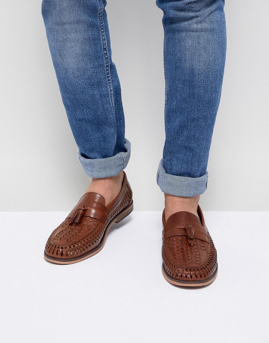 Dark Brown Leather Woven Tassel Loafers 