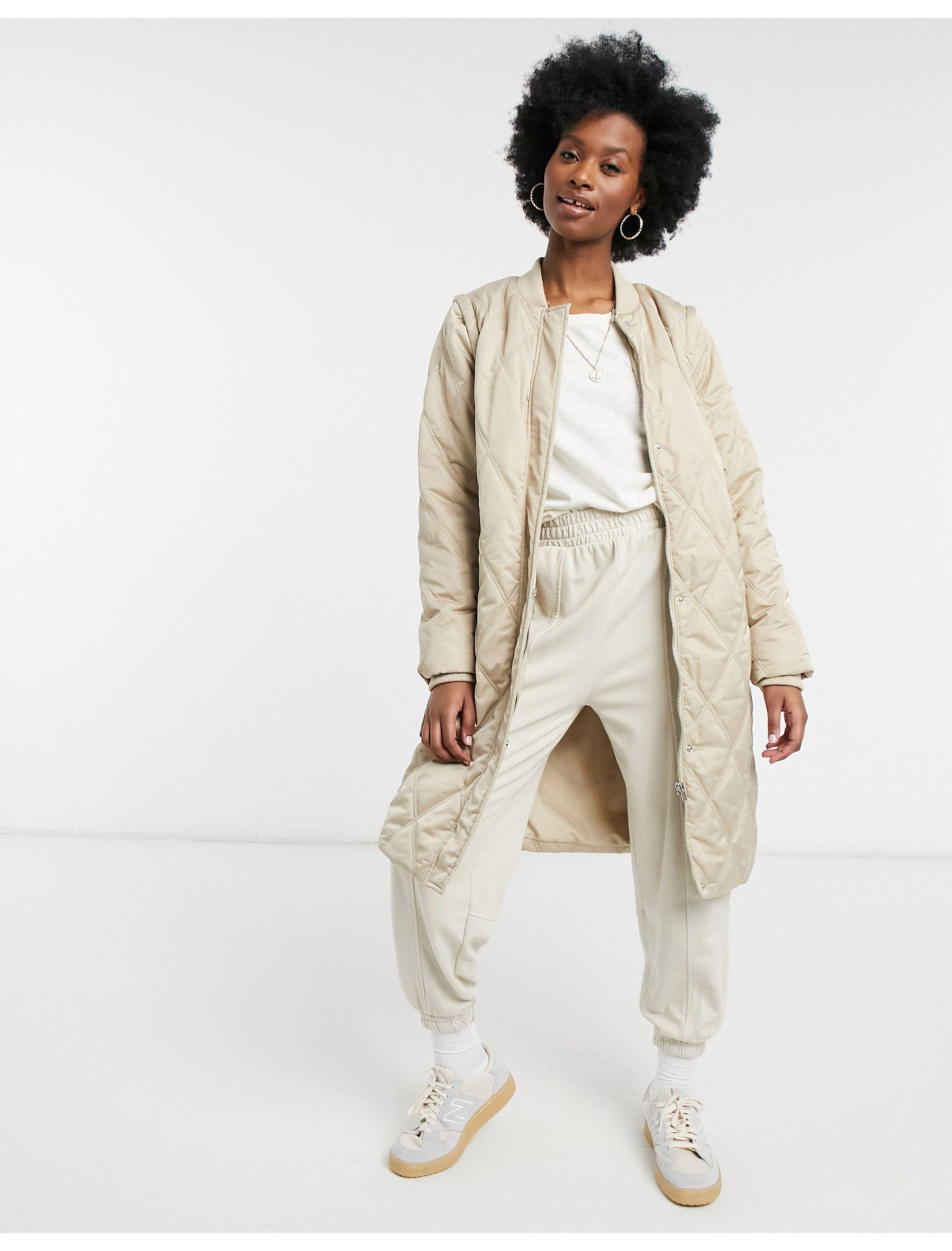 Vila Quilted Longline Coat in Natural | Lyst