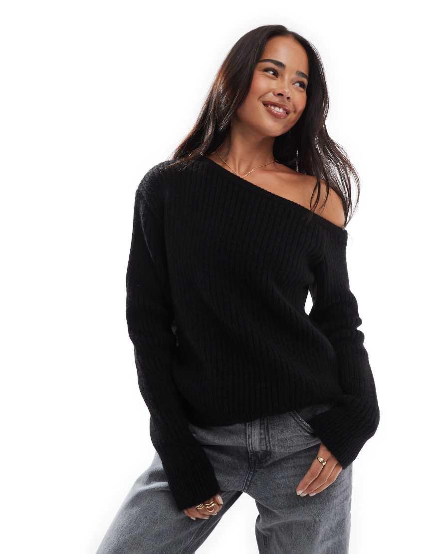 ASOS Slouchy One-shoulder Sweater in Black Lyst UK