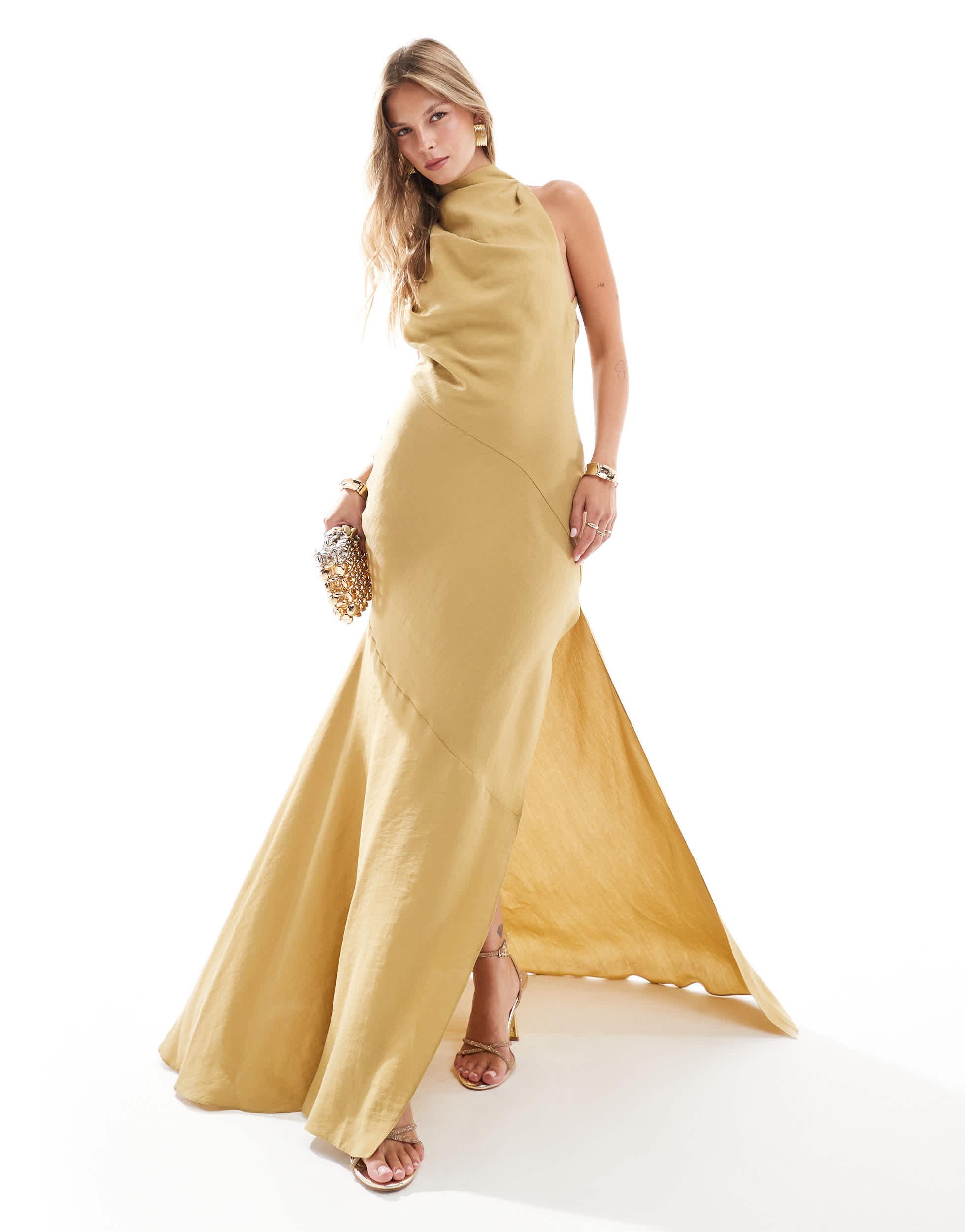 Robe longue asymetrique a col montant et fente sur la cuisse dore ASOS en coloris Metallise Lyst