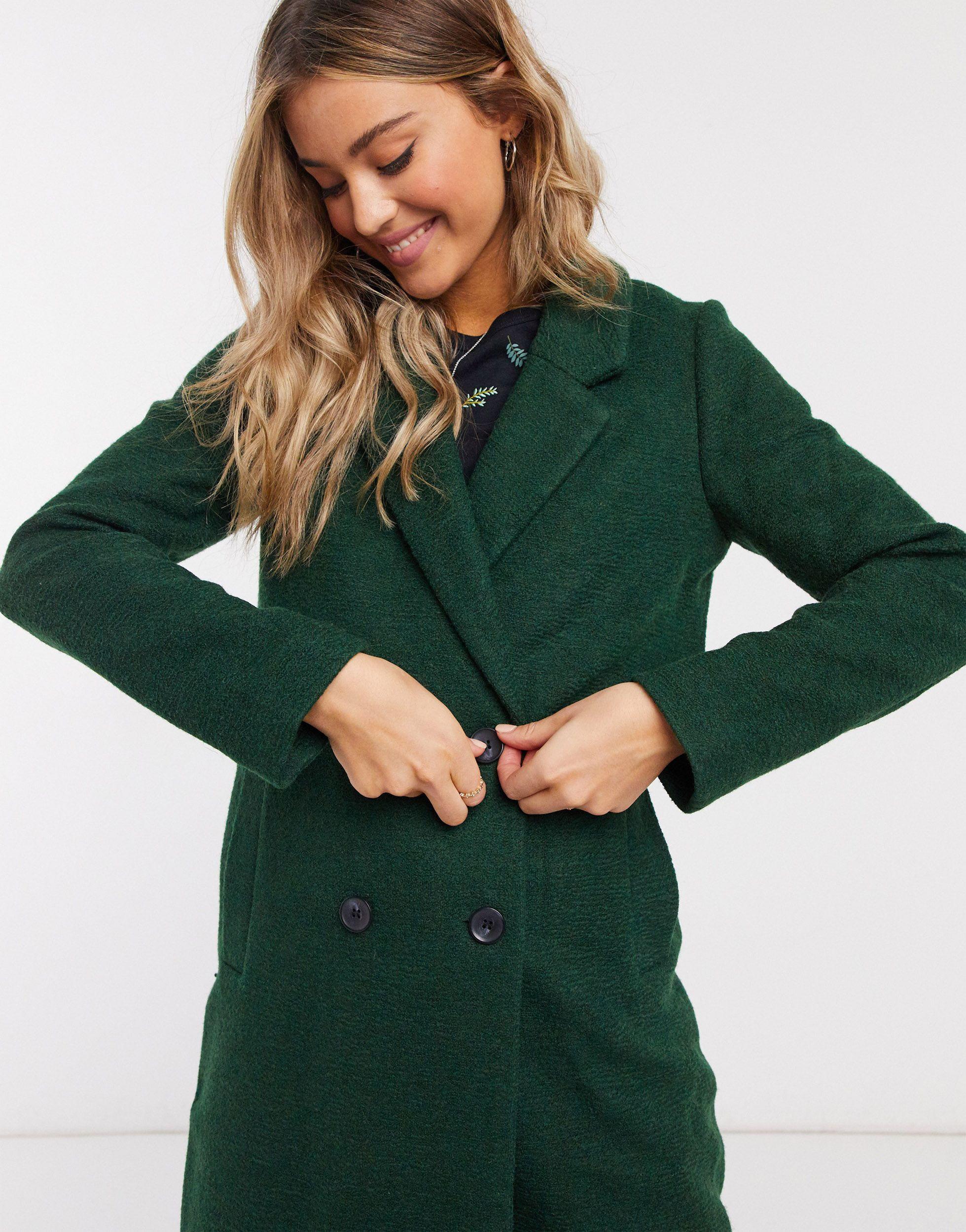 Monki Lou Boucle Wool Double Breasted Coat in Green | Lyst