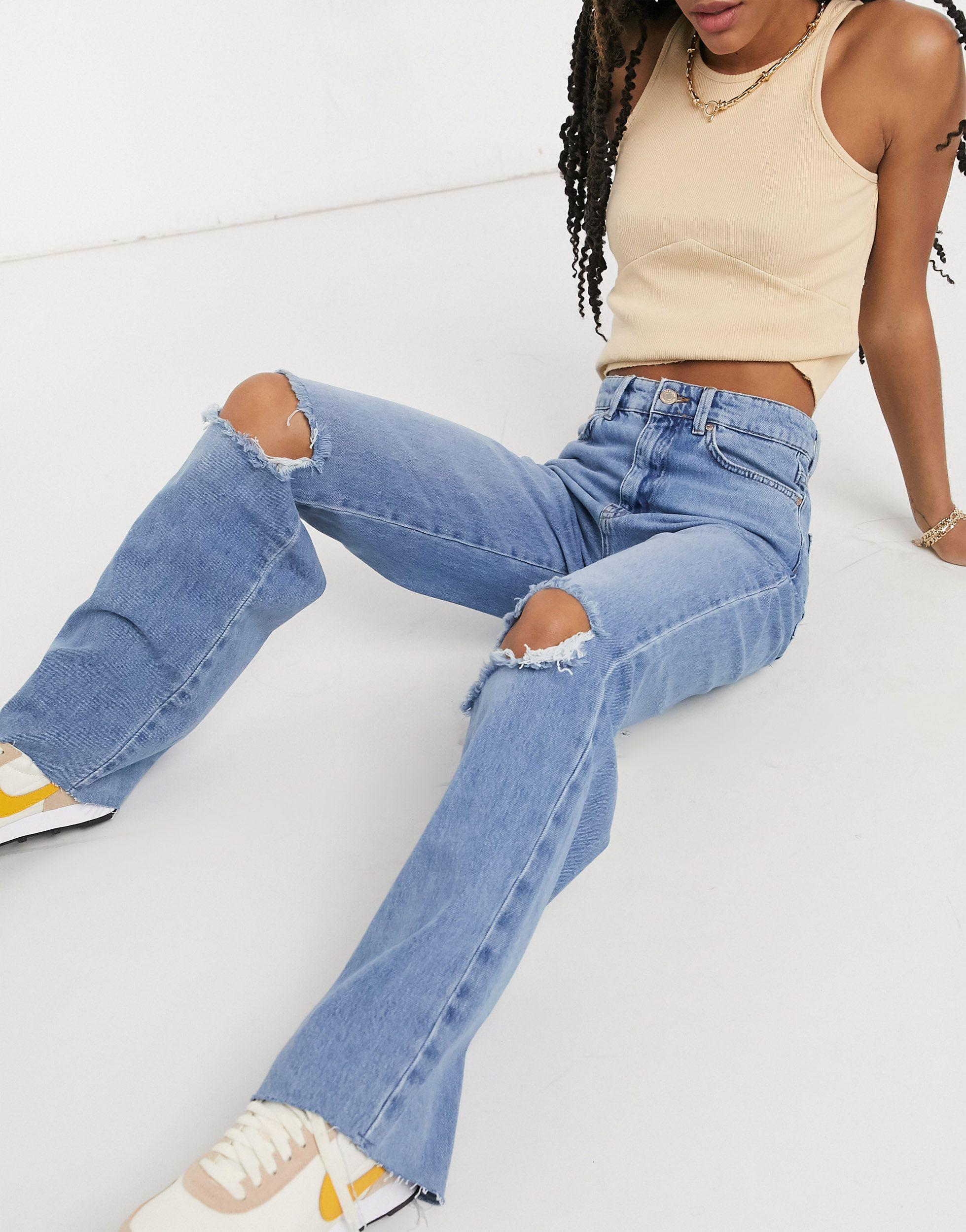 Stradivarius Straight Leg 90s Jeans With Rips in Blue | Lyst UK