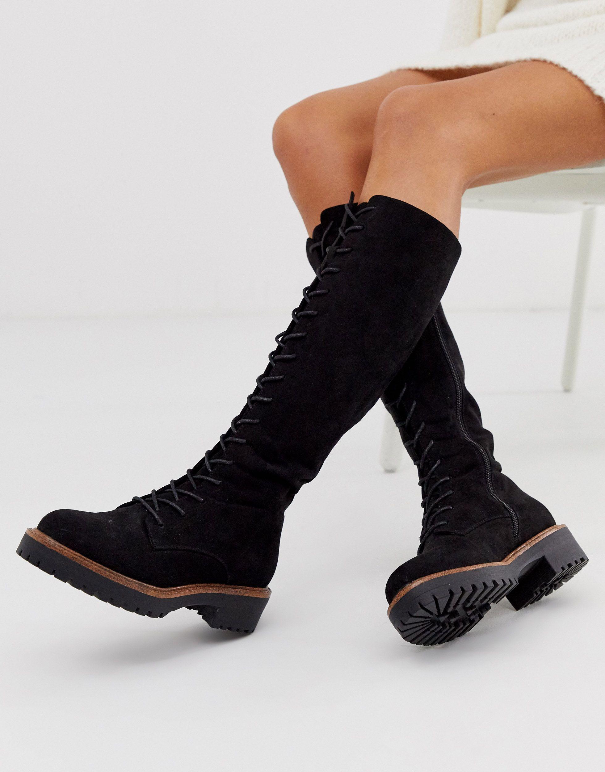 ASOS Courtney Chunky Lace Up Knee High Boots in Black | Lyst