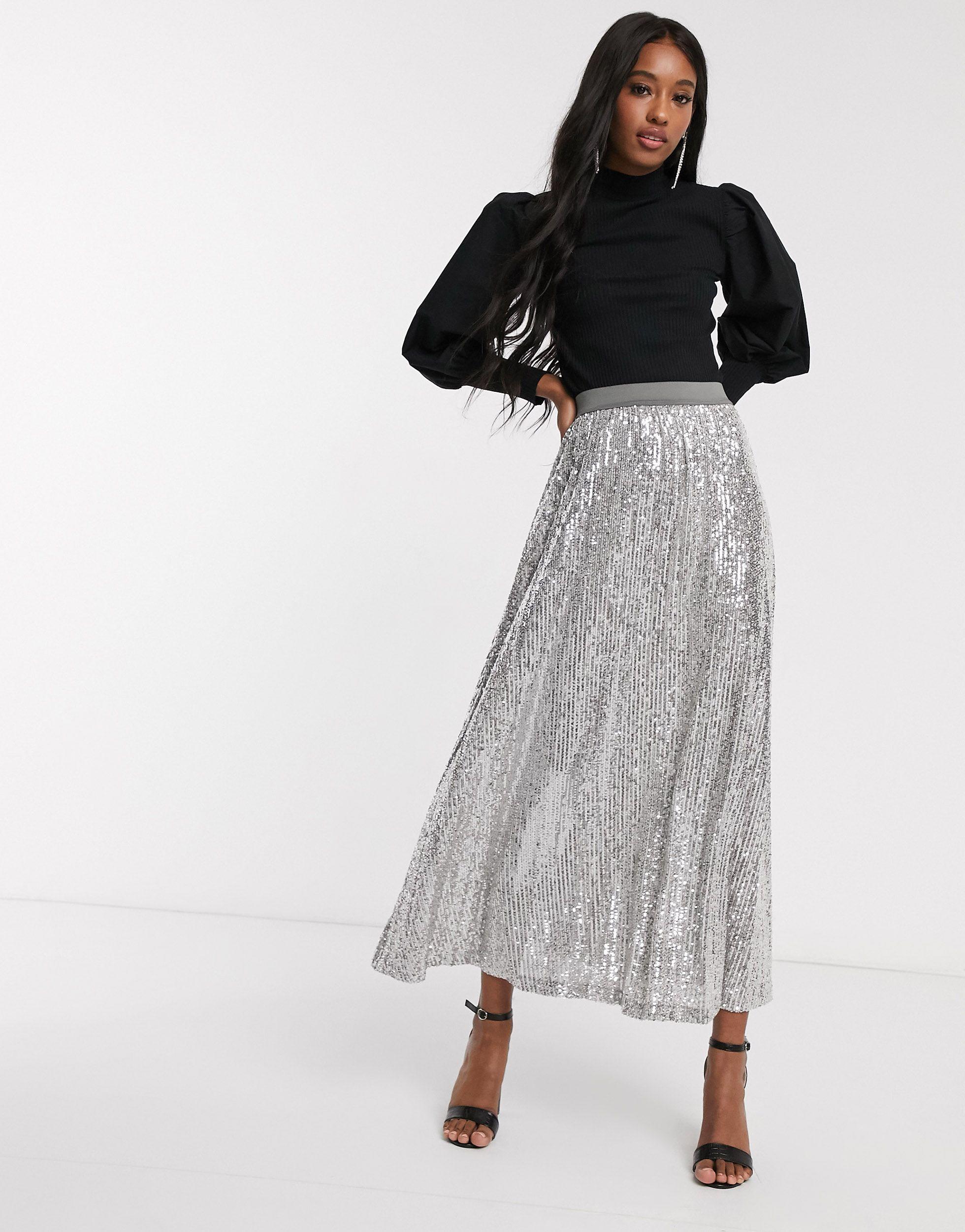 silver sequin maxi skirt Off 70%