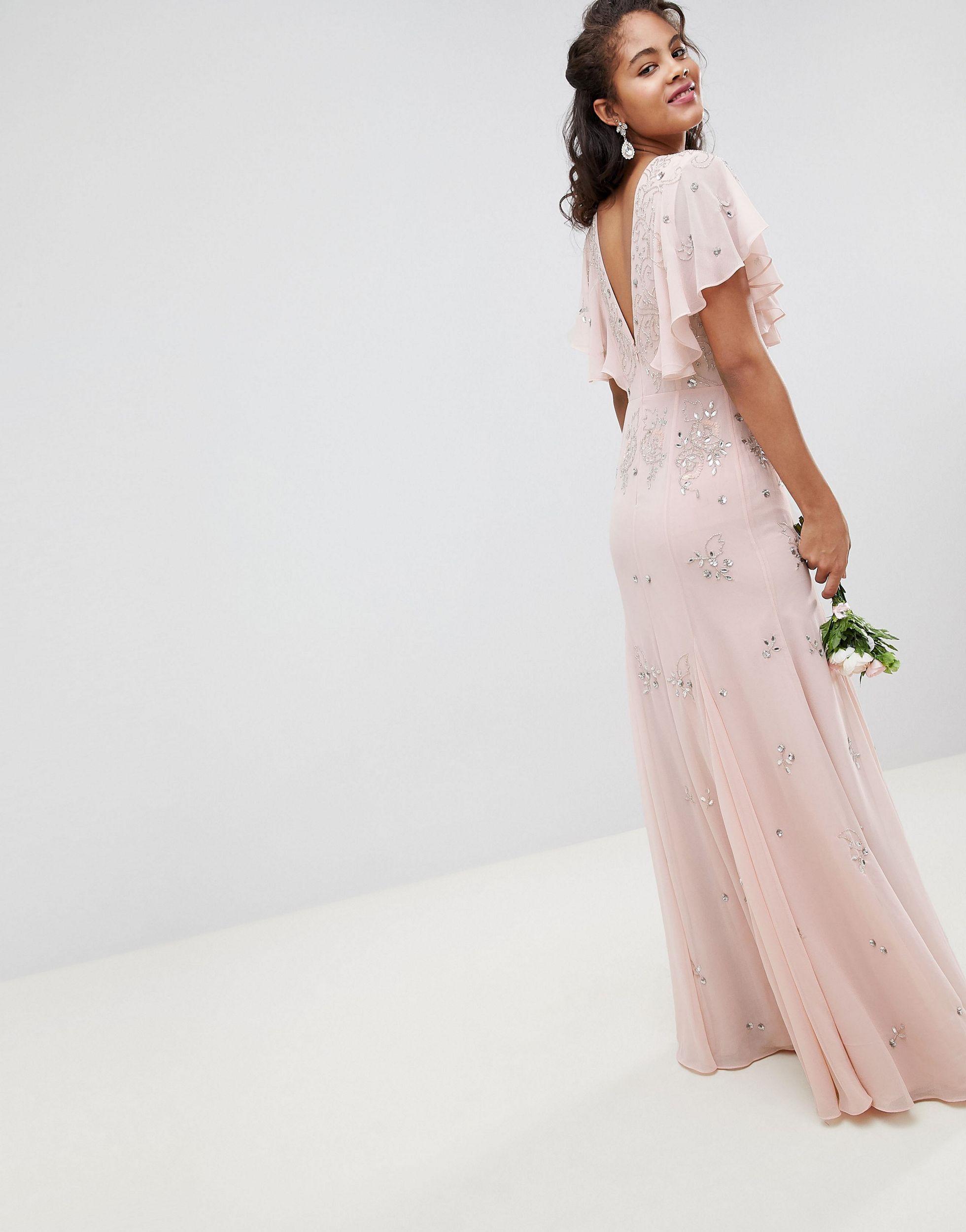 ASOS Asos Design Tall Delicate Embellisheds Maxi Dress With Angel Sleeve in  Pink | Lyst