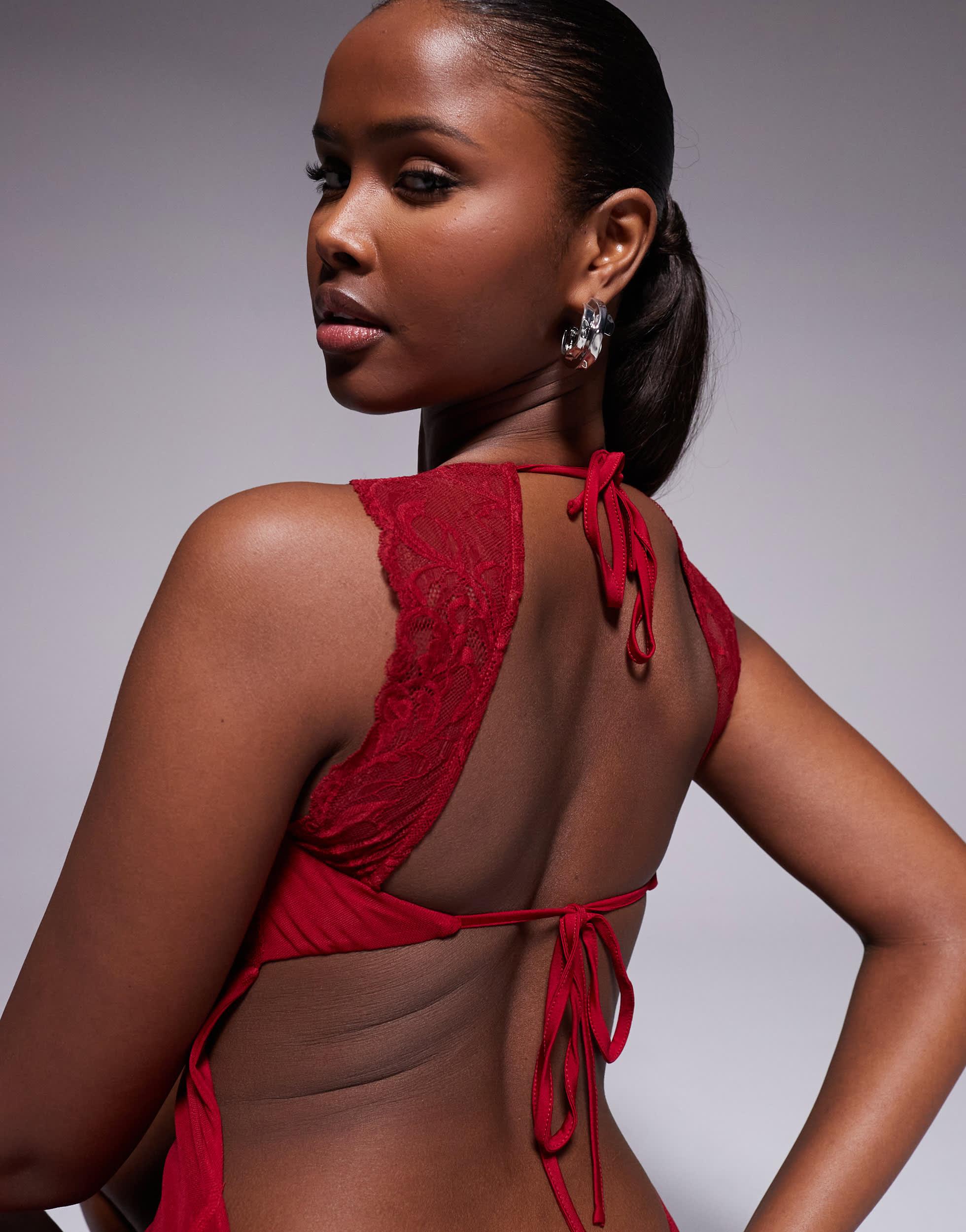 strapless open back dress Double Straps Red Empire Red Tight Mini Dress  Ohmollydress