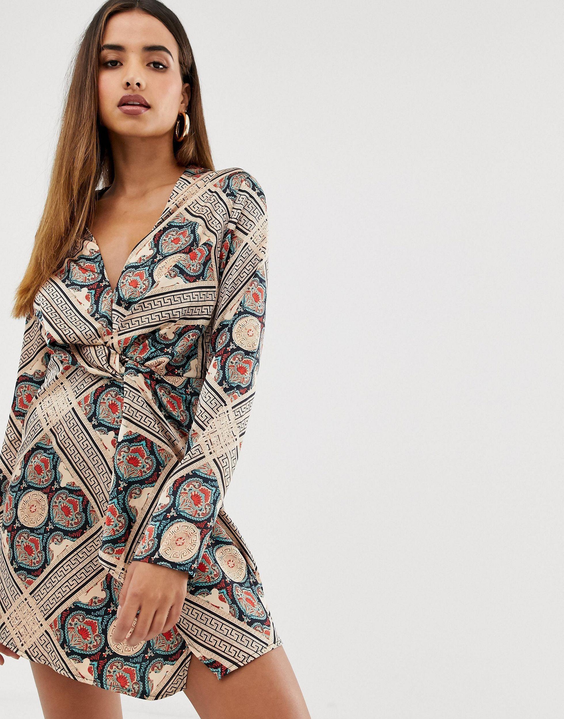 missguided devore twist front mini dress in rust