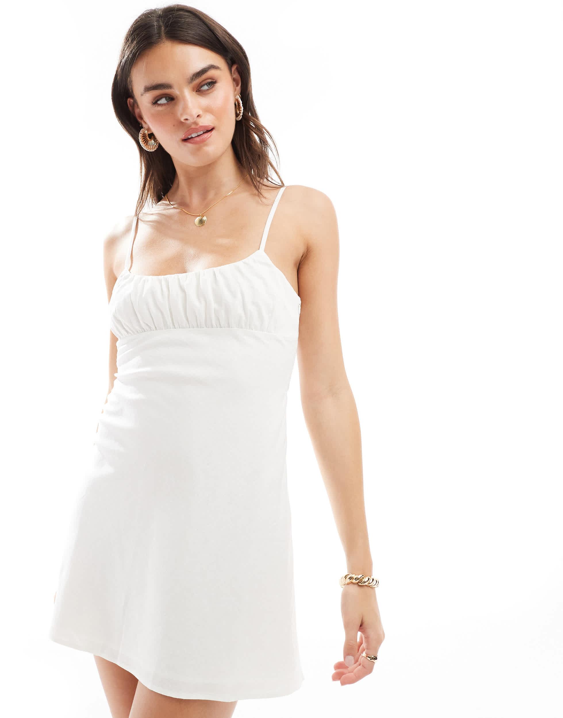 Bershka Strappy Linen Mini Dress in White | Lyst Australia